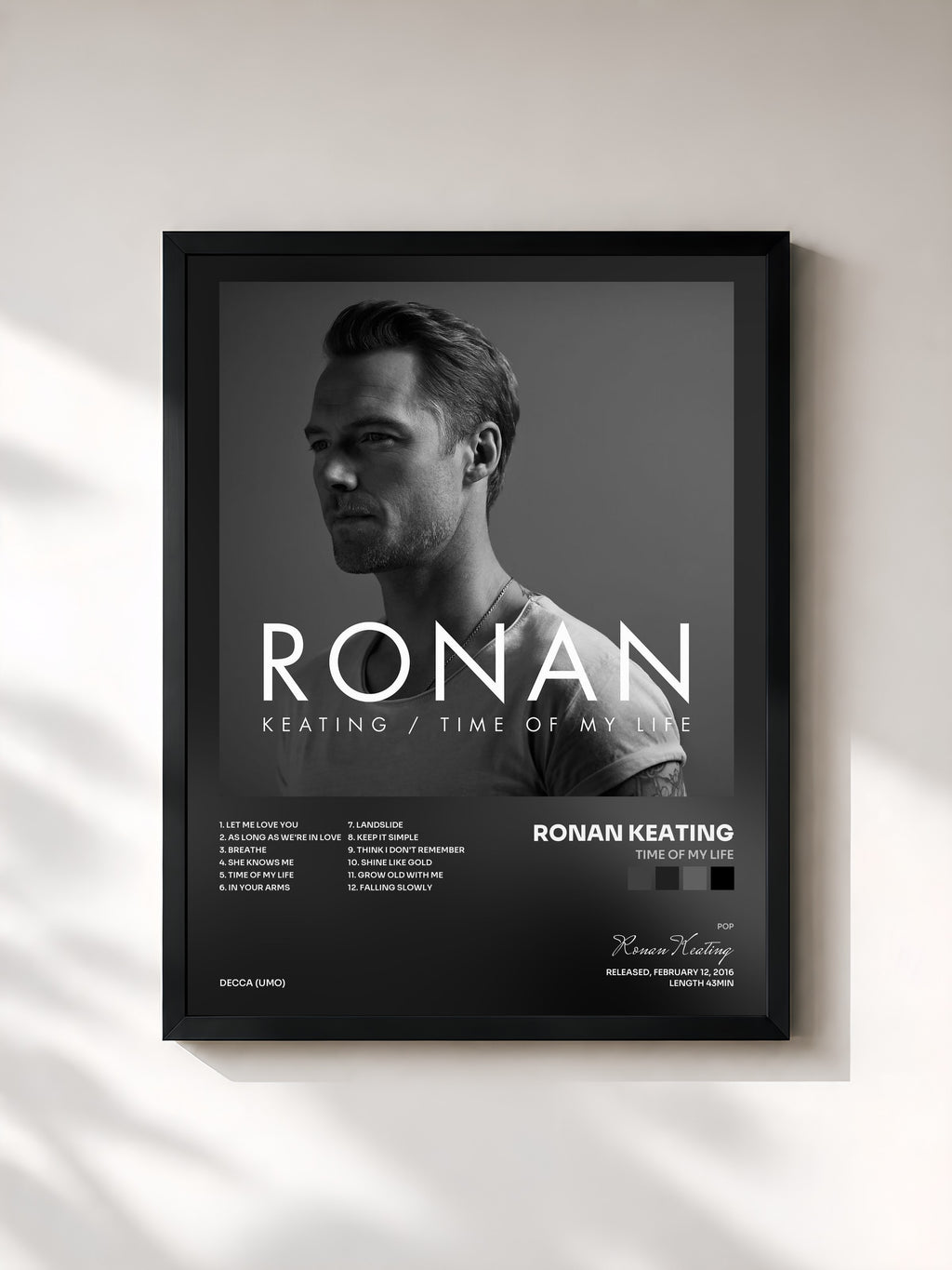 #noir Tableau de l'album Time Of My Life de Ronan Keating, cadre noir, imprimé et encadré en France