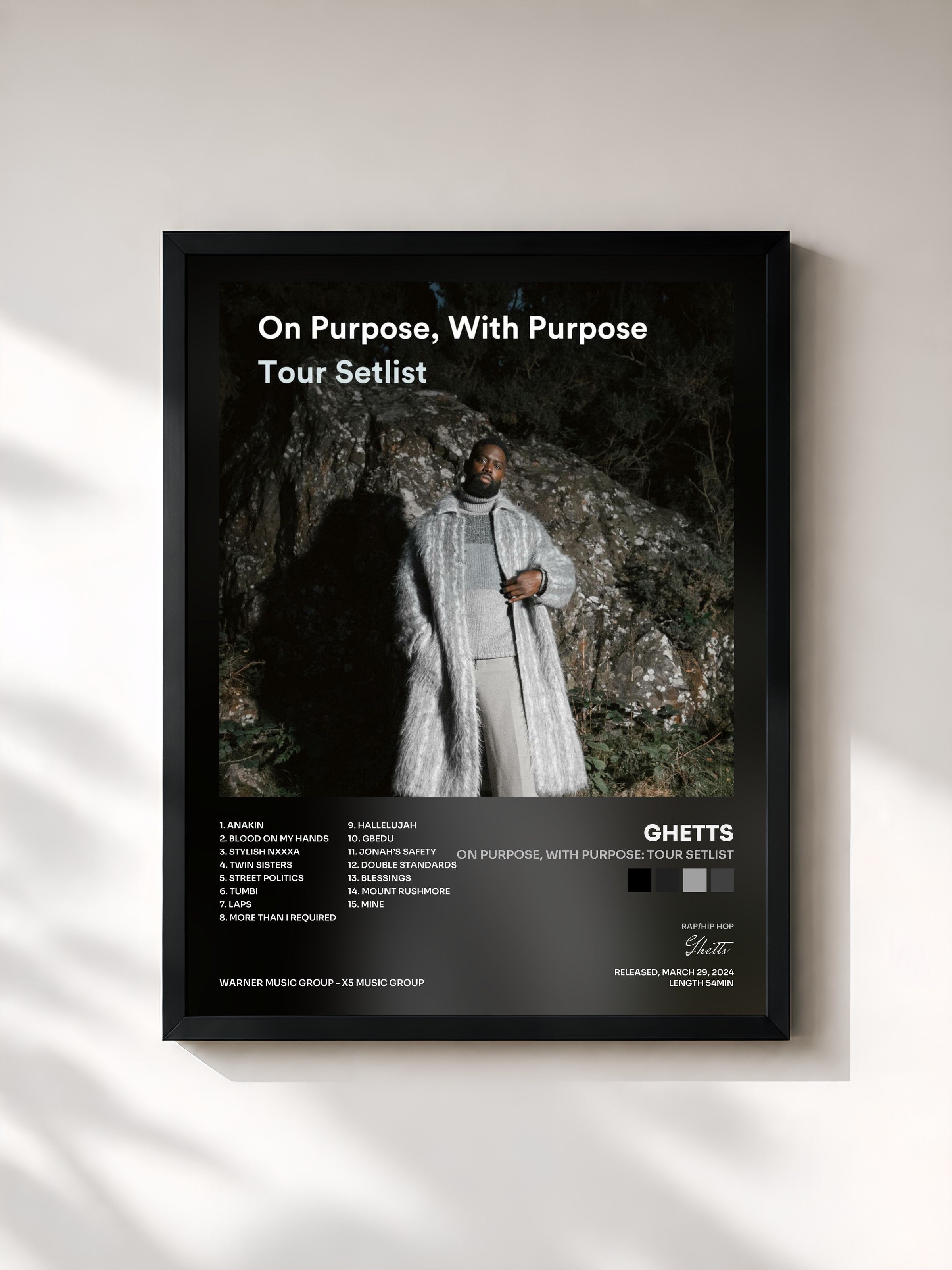 #noir Tableau de l'album On Purpose, With Purpose: Tour Setlist de Ghetts, cadre noir, imprimé et encadré en France