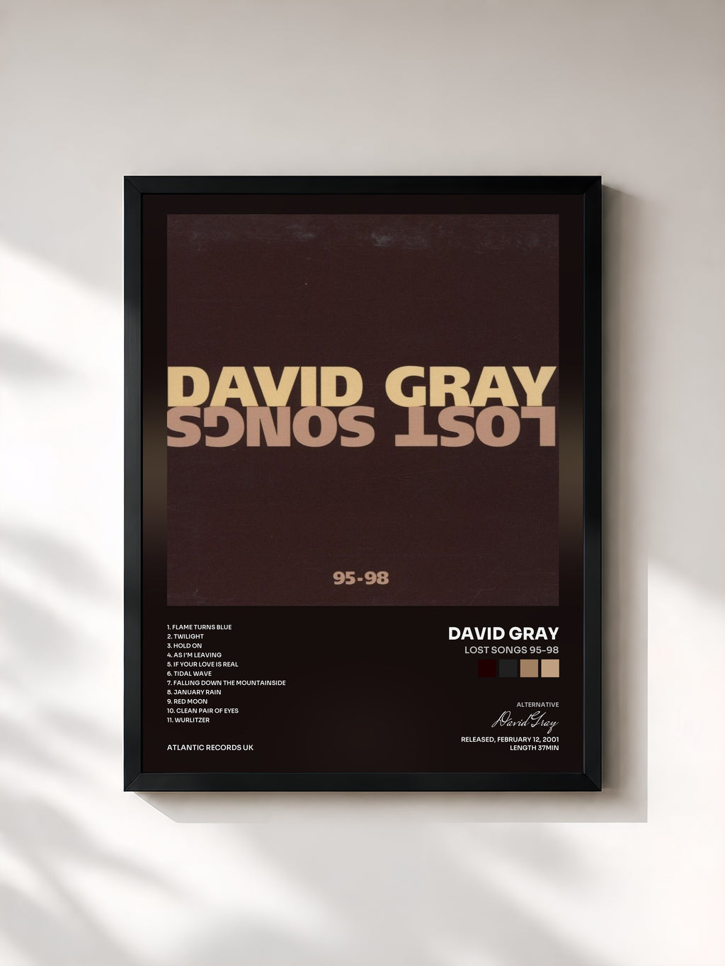 #noir Tableau de l'album Lost Songs 95-98 de David Gray, cadre noir, imprimé et encadré en France