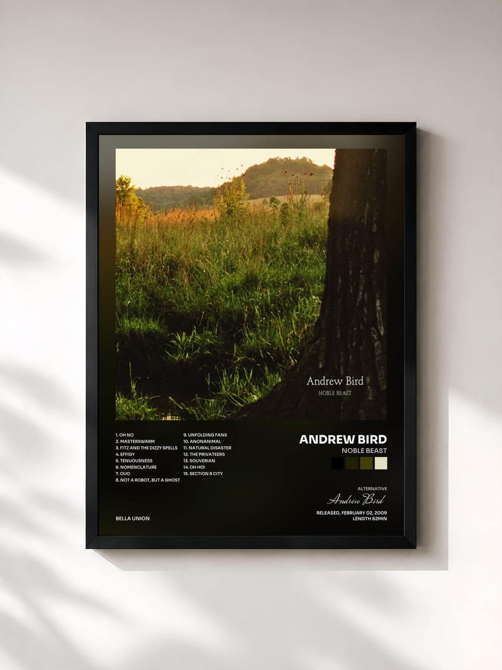 #noir Tableau de l'album Noble Beast de Andrew Bird, cadre noir, imprimé et encadré en France