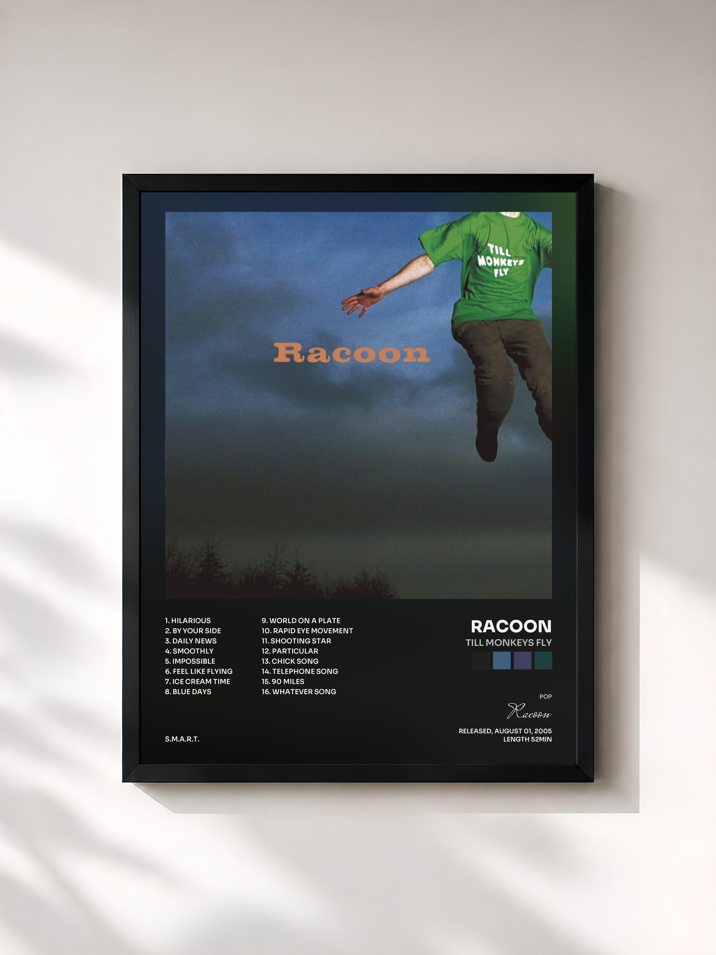 #noir Tableau de l'album Till Monkeys Fly de Racoon, cadre noir, imprimé et encadré en France
