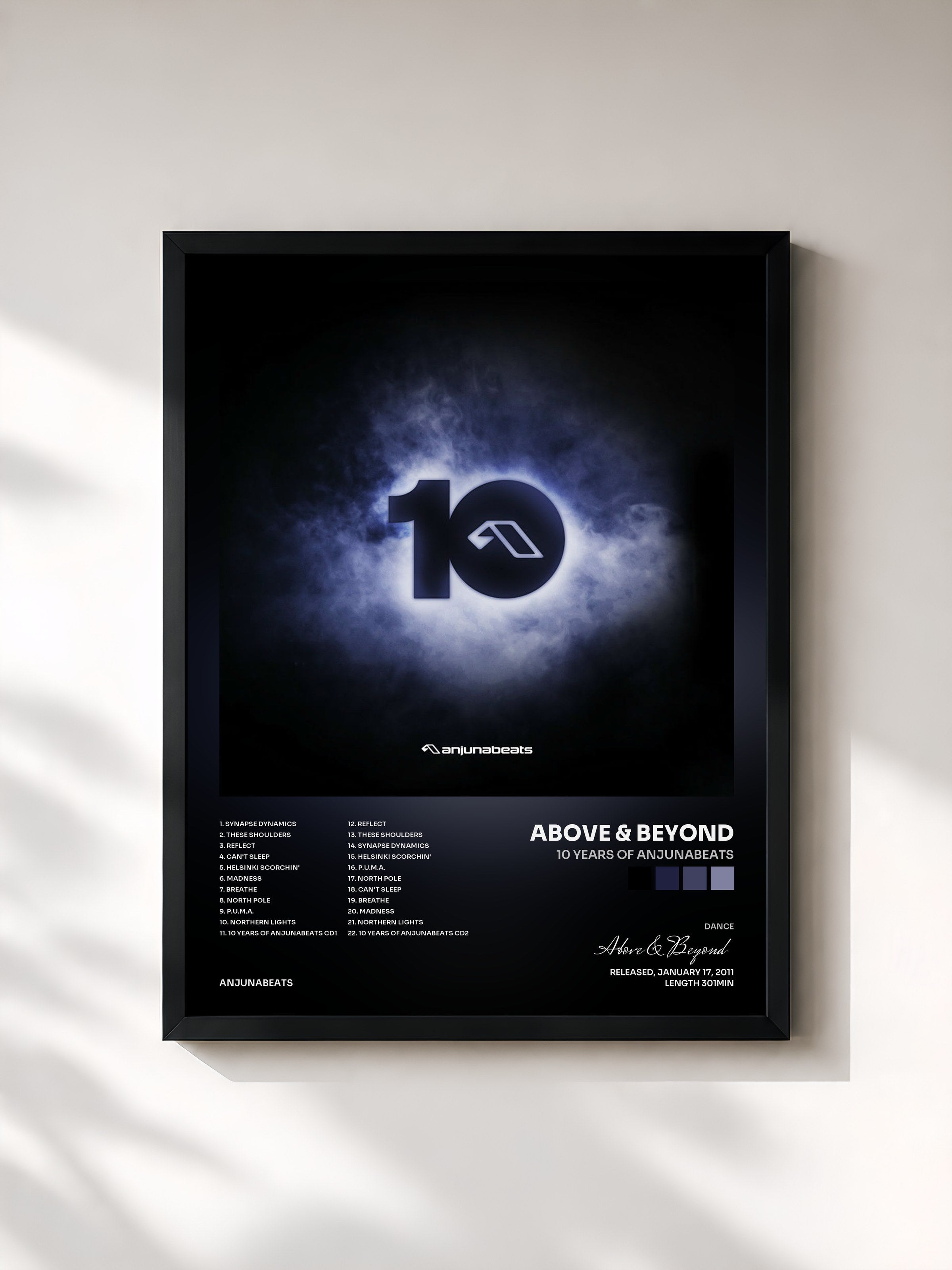 #noir Tableau de l'album 10 Years Of Anjunabeats de Above & Beyond, cadre noir, imprimé et encadré en France
