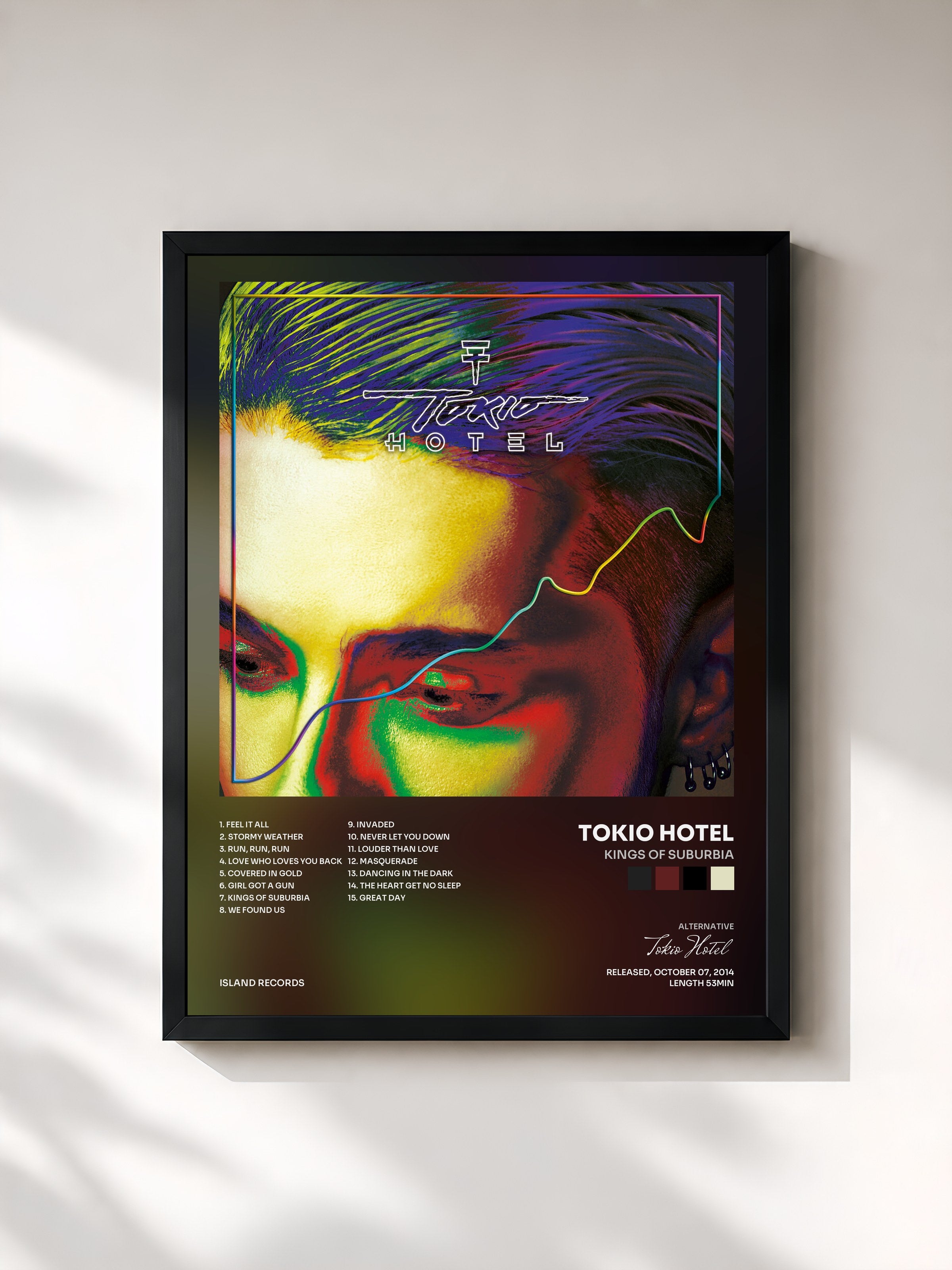 #noir Tableau de l'album Kings Of Suburbia de Tokio Hotel, cadre noir, imprimé et encadré en France