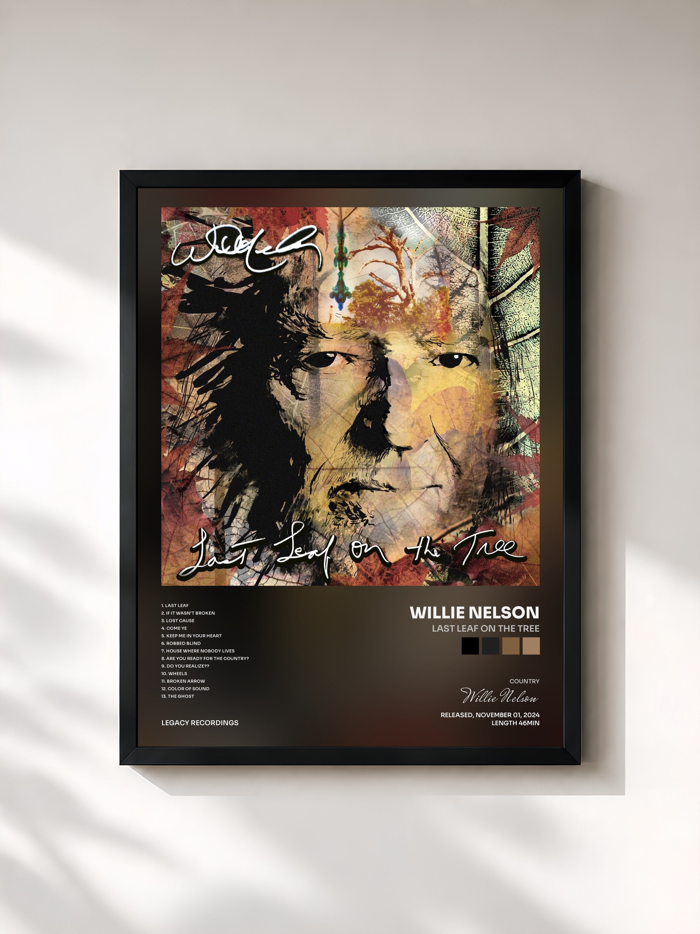 #noir Tableau de l'album Last Leaf On The Tree de Willie Nelson, cadre noir, imprimé et encadré en France