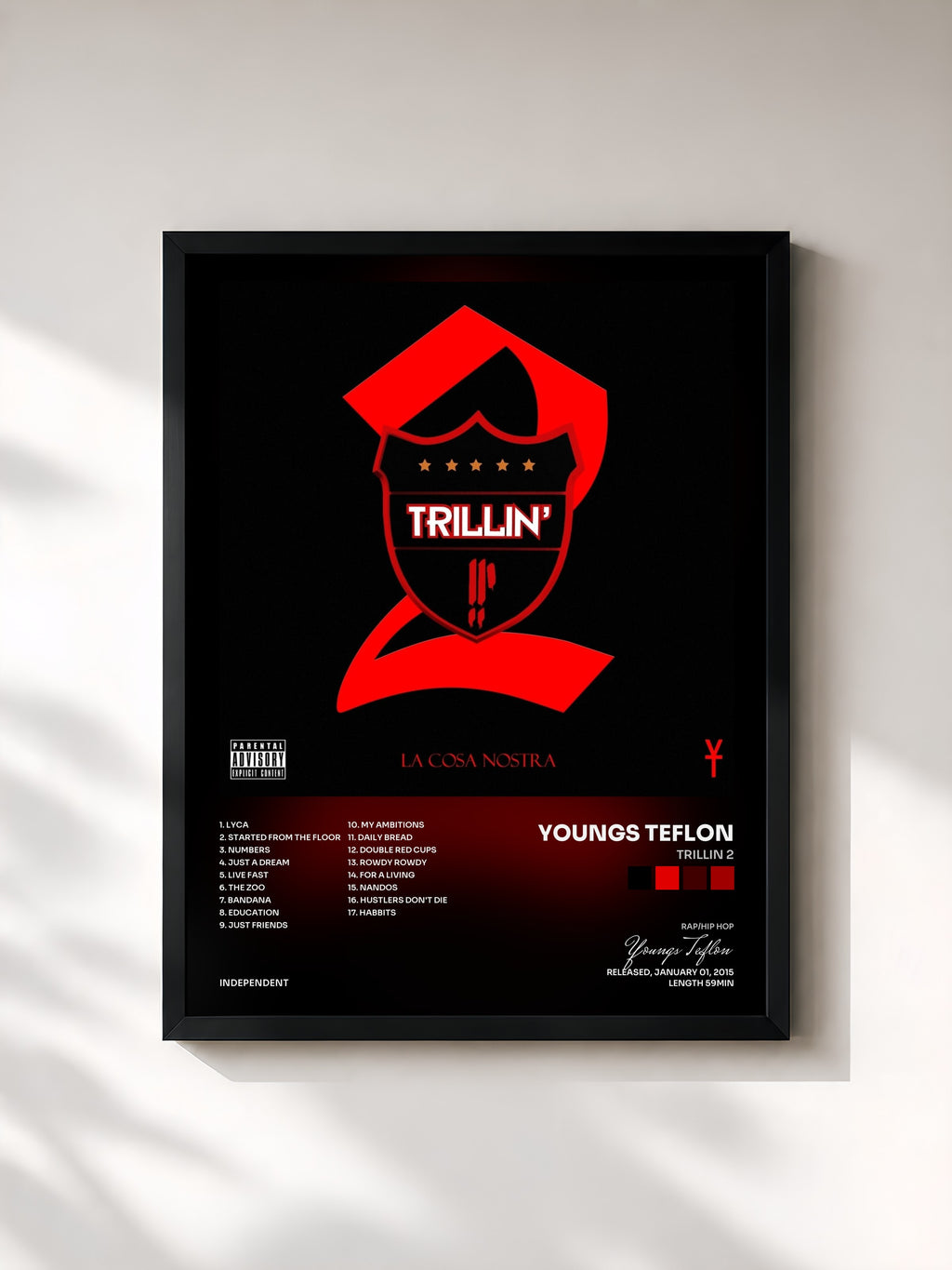 #noir Tableau de l'album Trillin 2 de Youngs Teflon, cadre noir, imprimé et encadré en France