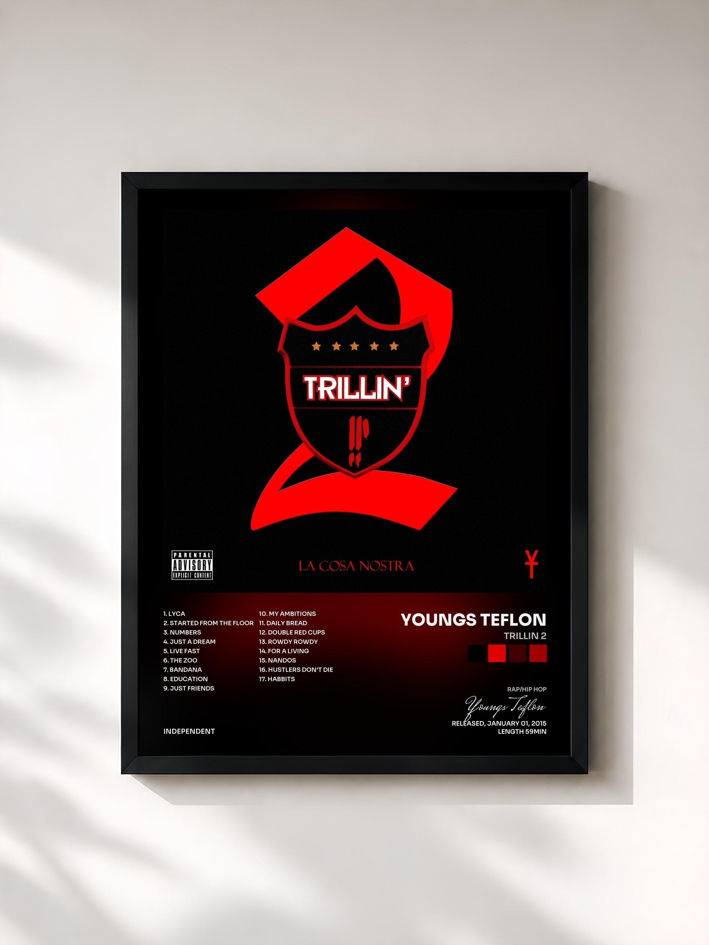 #noir Tableau de l'album Trillin 2 de Youngs Teflon, cadre noir, imprimé et encadré en France