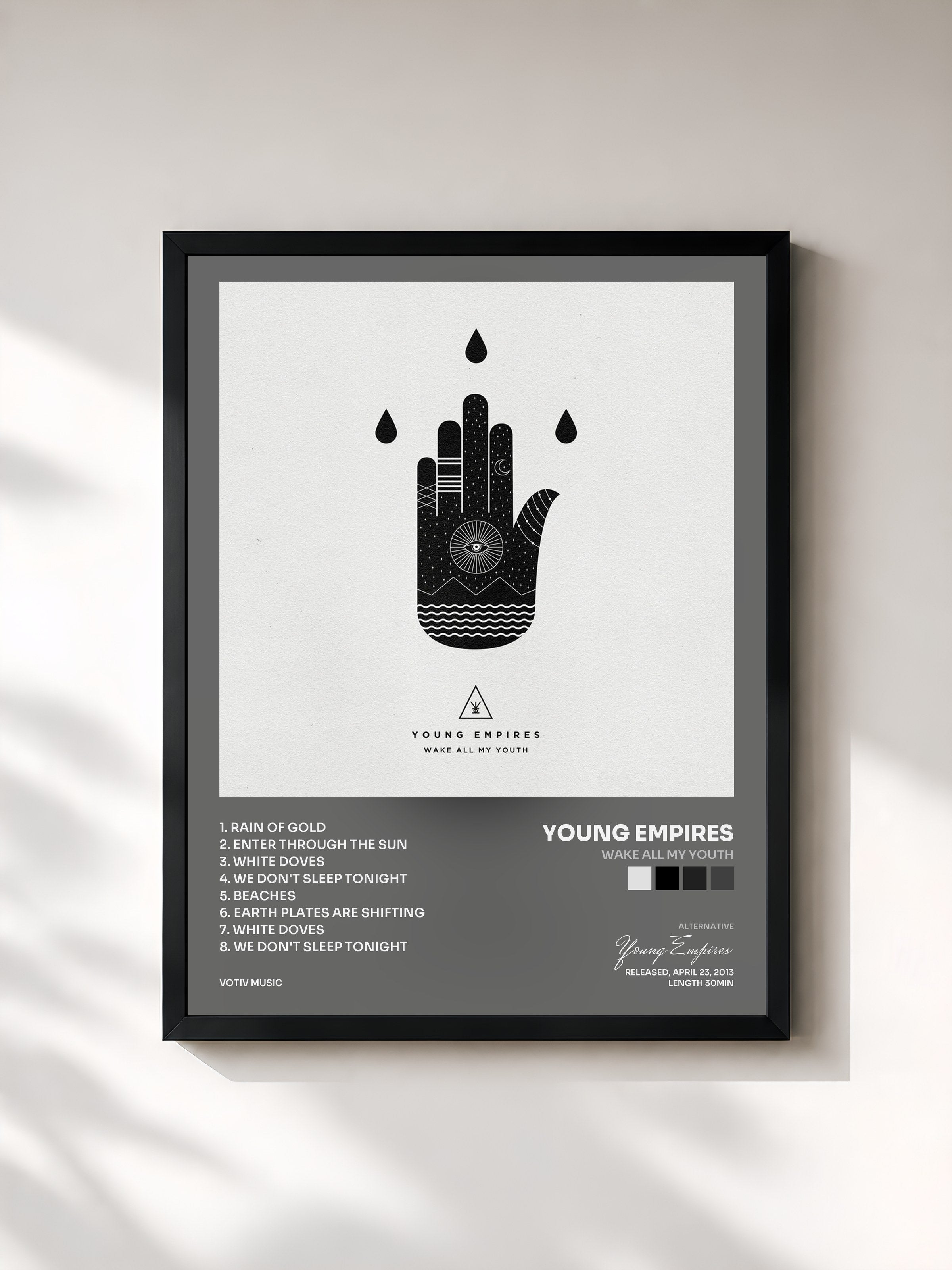 #noir Tableau de l'album Wake All My Youth de Young Empires, cadre noir, imprimé et encadré en France