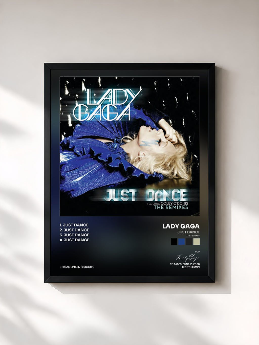 #noir Tableau de l'album Just Dance (The Remixes) de Lady Gaga, cadre noir, imprimé et encadré en France