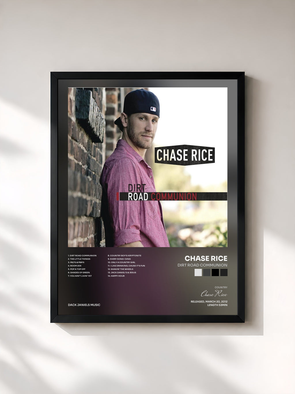 #noir Tableau de l'album Dirt Road Communion de Chase Rice, cadre noir, imprimé et encadré en France