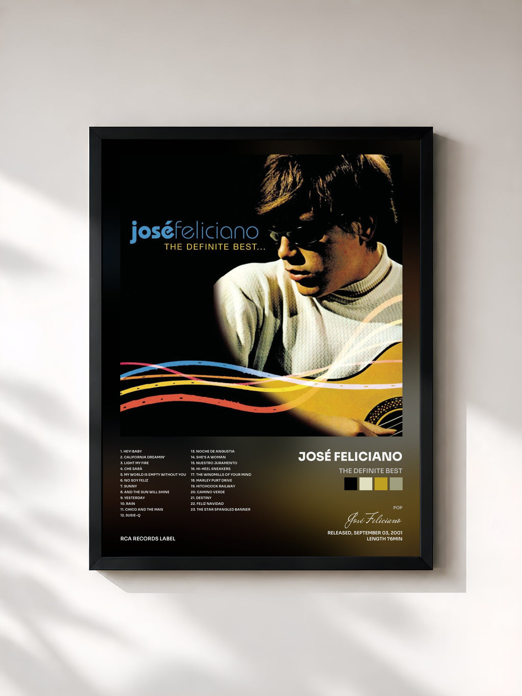 #noir Tableau de l'album The Definite Best de José Feliciano, cadre noir, imprimé et encadré en France