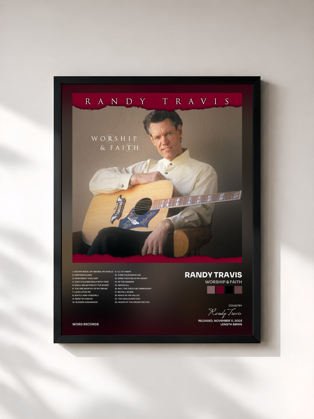 #noir Tableau de l'album Worship & Faith de Randy Travis, cadre noir, imprimé et encadré en France