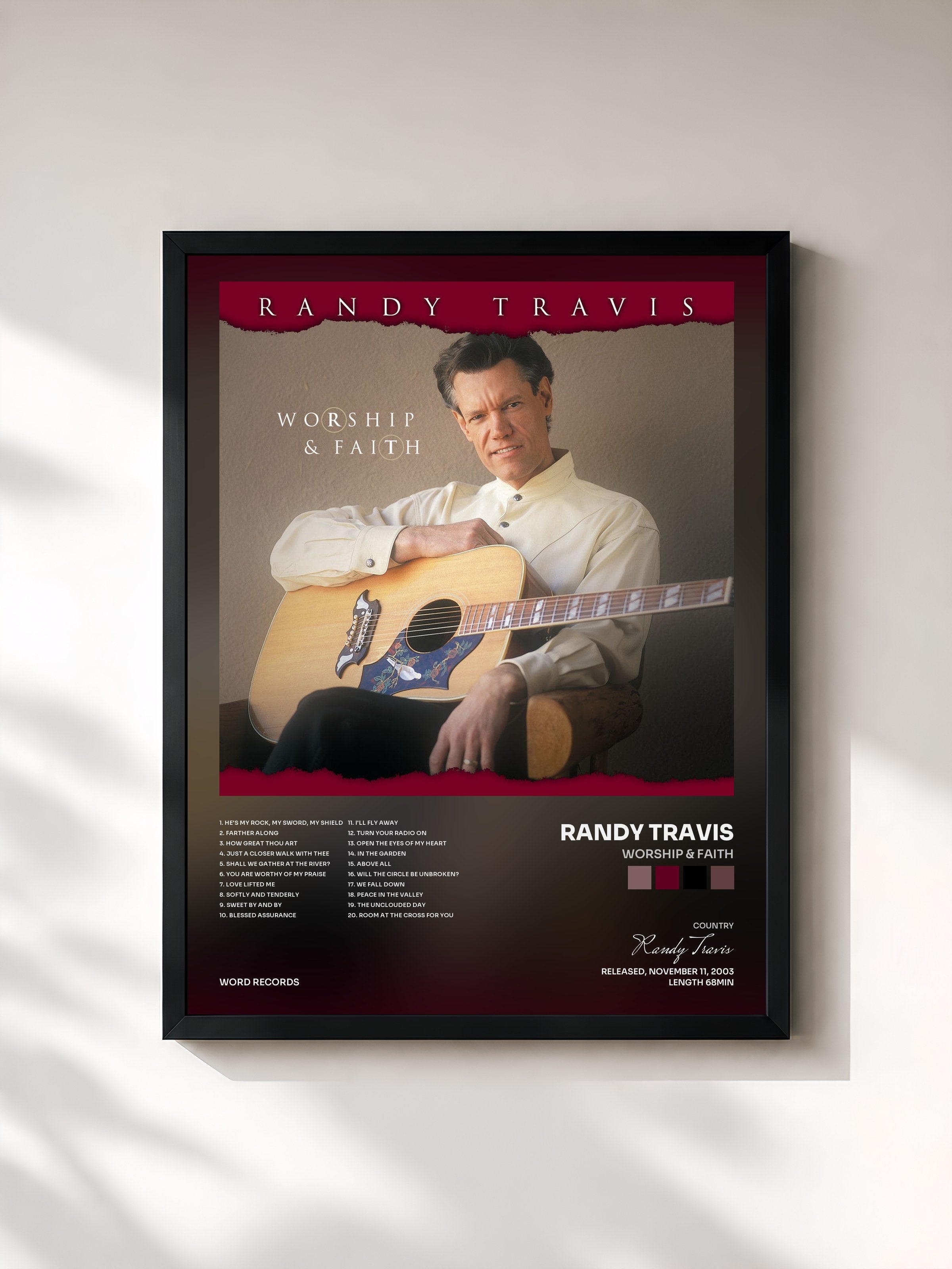 #noir Tableau de l'album Worship & Faith de Randy Travis, cadre noir, imprimé et encadré en France