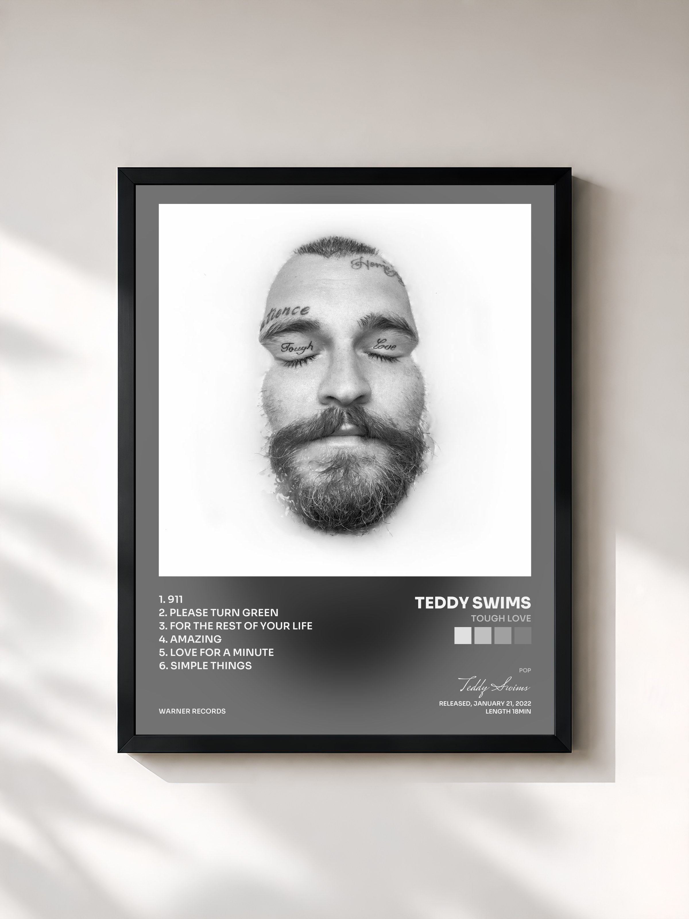 #noir Tableau de l'album Tough Love de Teddy Swims, cadre noir, imprimé et encadré en France