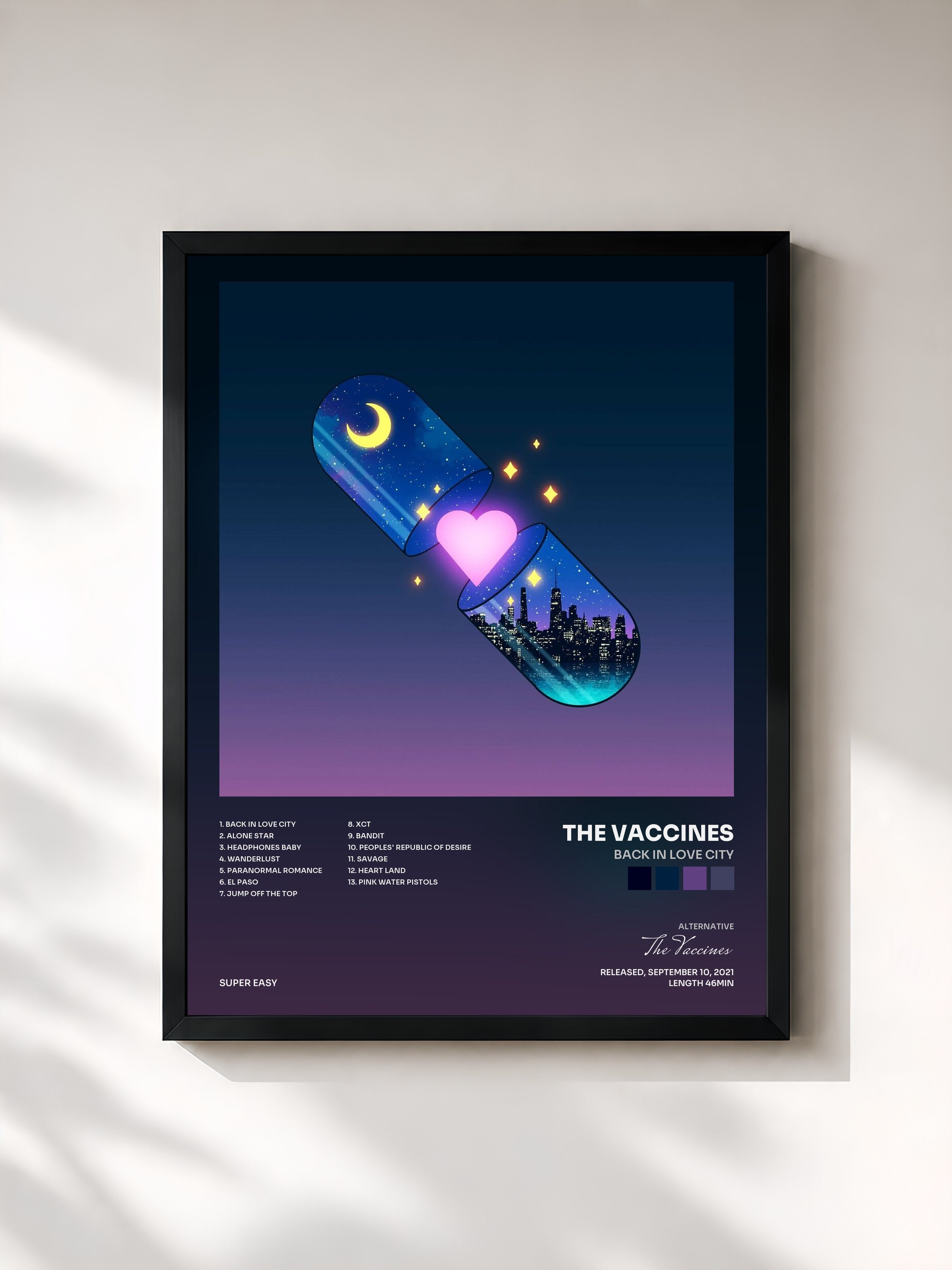 #noir Tableau de l'album Back In Love City de The Vaccines, cadre noir, imprimé et encadré en France