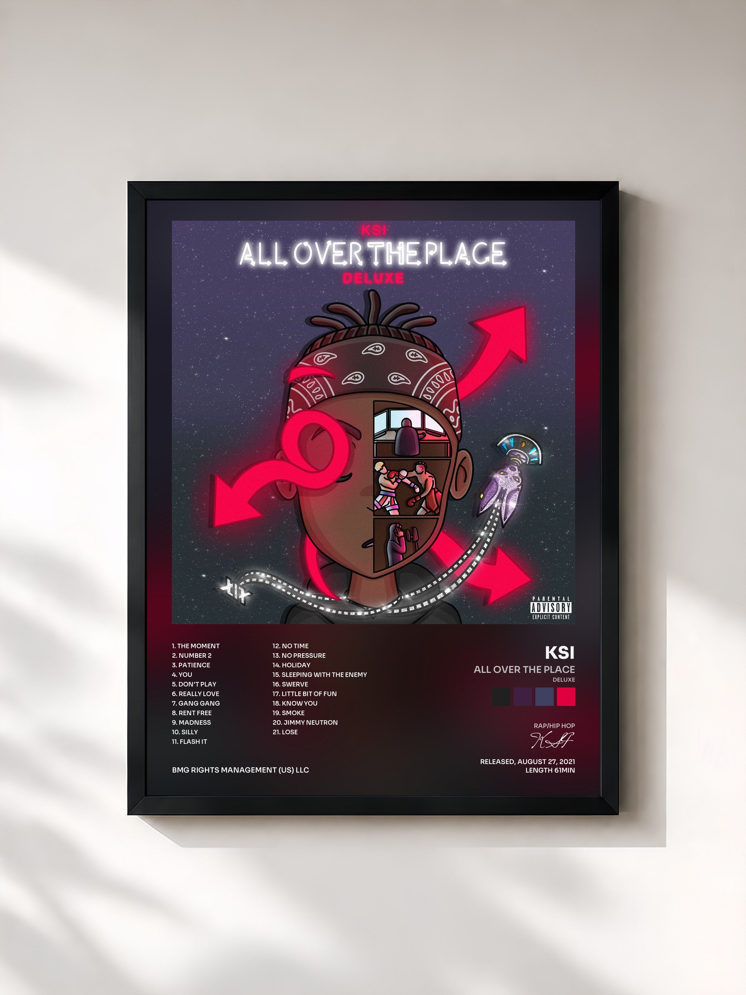 #noir Tableau de l'album All Over The Place (Deluxe) de KSI, cadre noir, imprimé et encadré en France