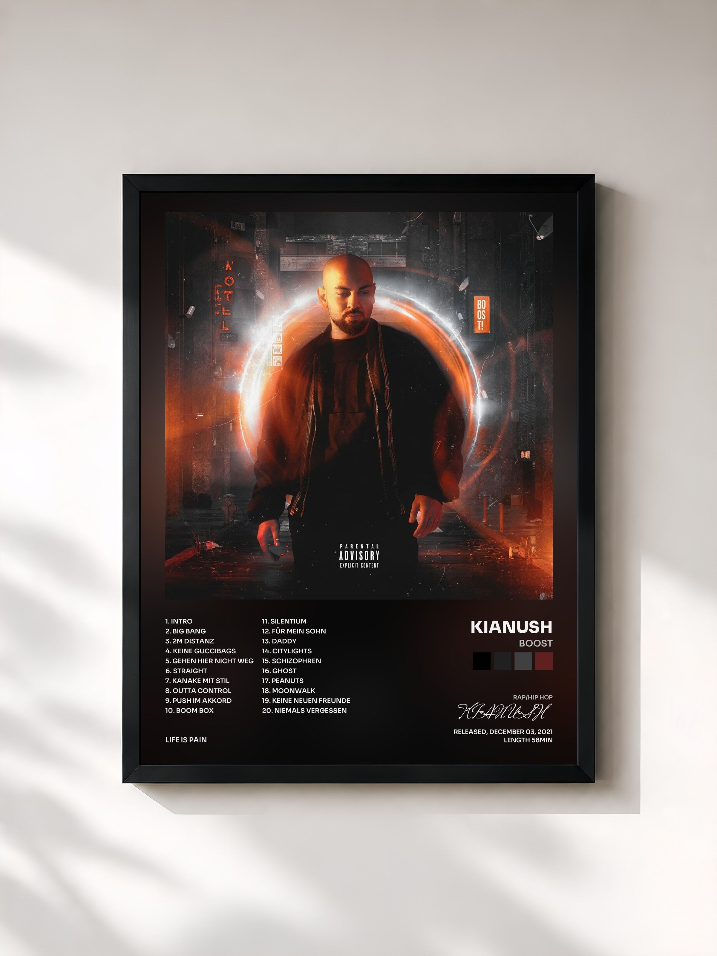 #noir Tableau de l'album Boost de KIANUSH, cadre noir, imprimé et encadré en France