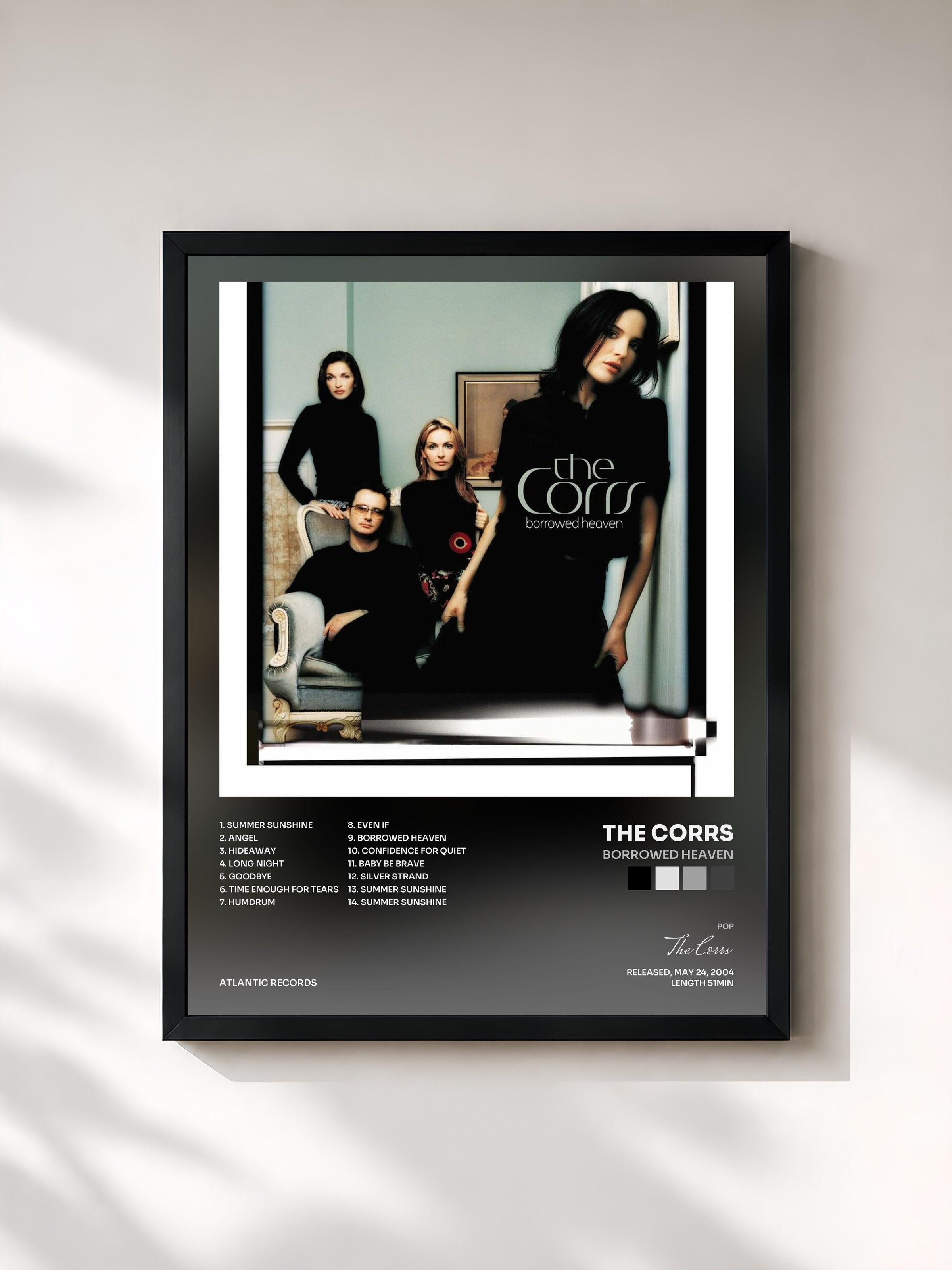 #noir Tableau de l'album Borrowed Heaven de The Corrs, cadre noir, imprimé et encadré en France
