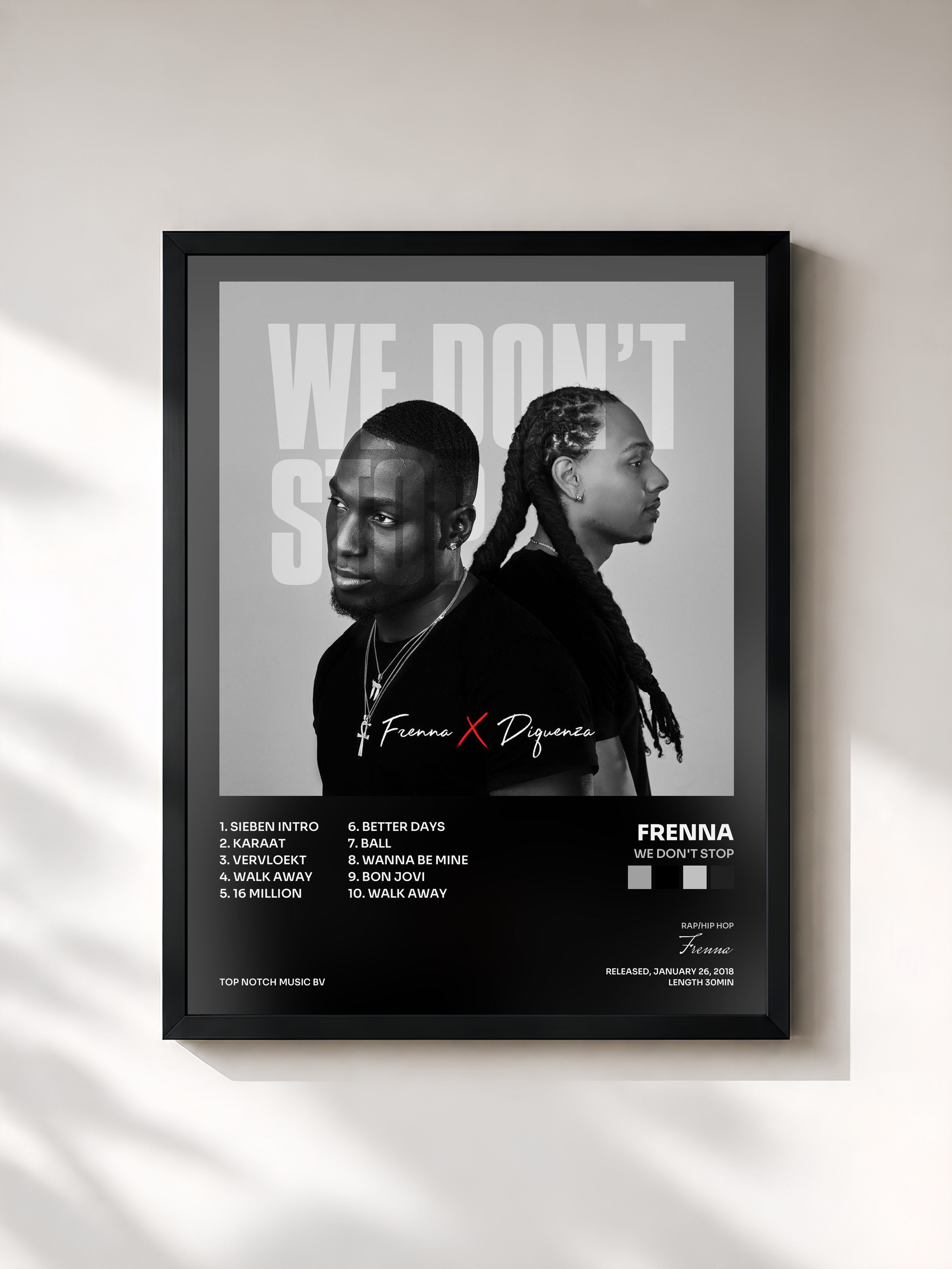 #noir Tableau de l'album We Don't Stop de Frenna, cadre noir, imprimé et encadré en France