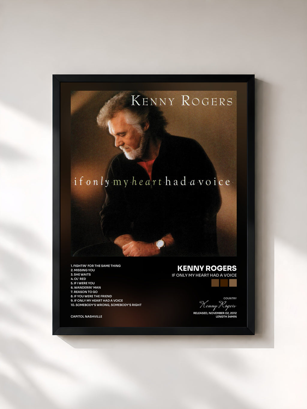 #noir Tableau de l'album If Only My Heart Had a Voice de Kenny Rogers, cadre noir, imprimé et encadré en France