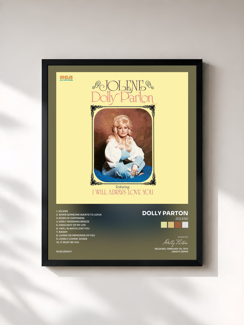 #noir Tableau de l'album Jolene de Dolly Parton, cadre noir, imprimé et encadré en France