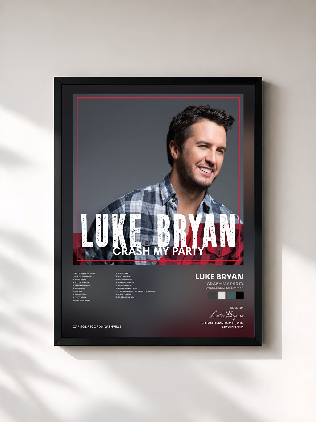 #noir Tableau de l'album Crash My Party (International Tour Edition) de Luke Bryan, cadre noir, imprimé et encadré en France