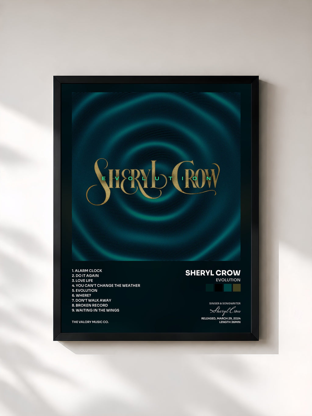 #noir Tableau de l'album Evolution de Sheryl Crow, cadre noir, imprimé et encadré en France