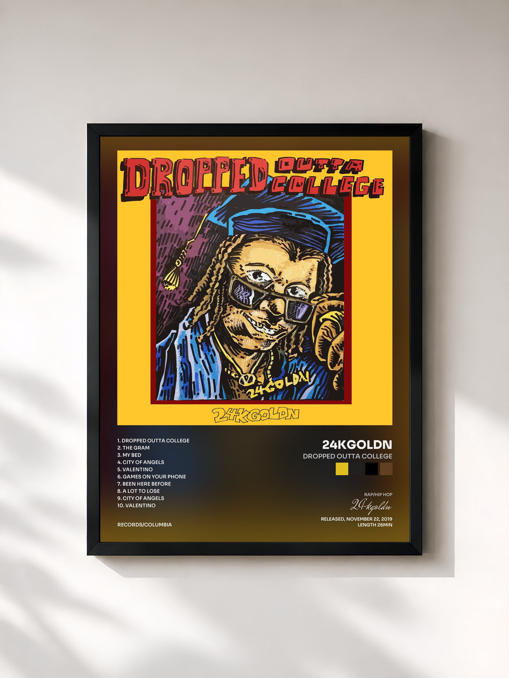 #noir Tableau de l'album DROPPED OUTTA COLLEGE de 24kgoldn, cadre noir, imprimé et encadré en France