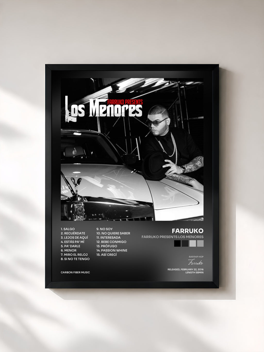 #noir Tableau de l'album Farruko Presents Los Menores de Farruko, cadre noir, imprimé et encadré en France