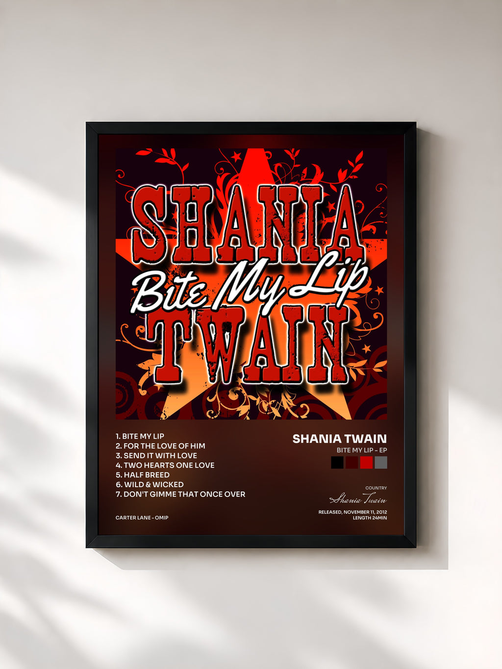 #noir Tableau de l'album Bite My Lip - EP de Shania Twain, cadre noir, imprimé et encadré en France