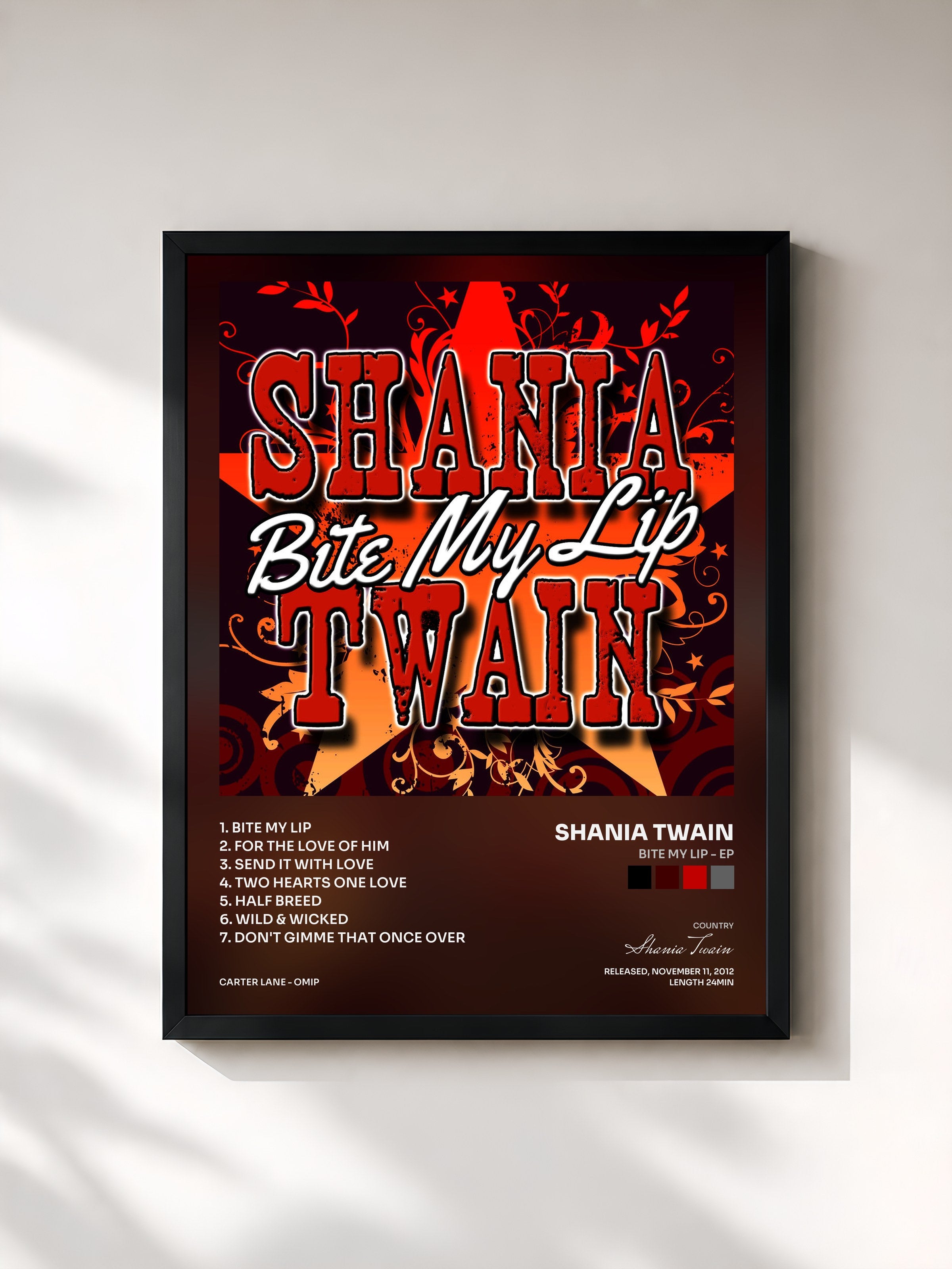 #noir Tableau de l'album Bite My Lip - EP de Shania Twain, cadre noir, imprimé et encadré en France