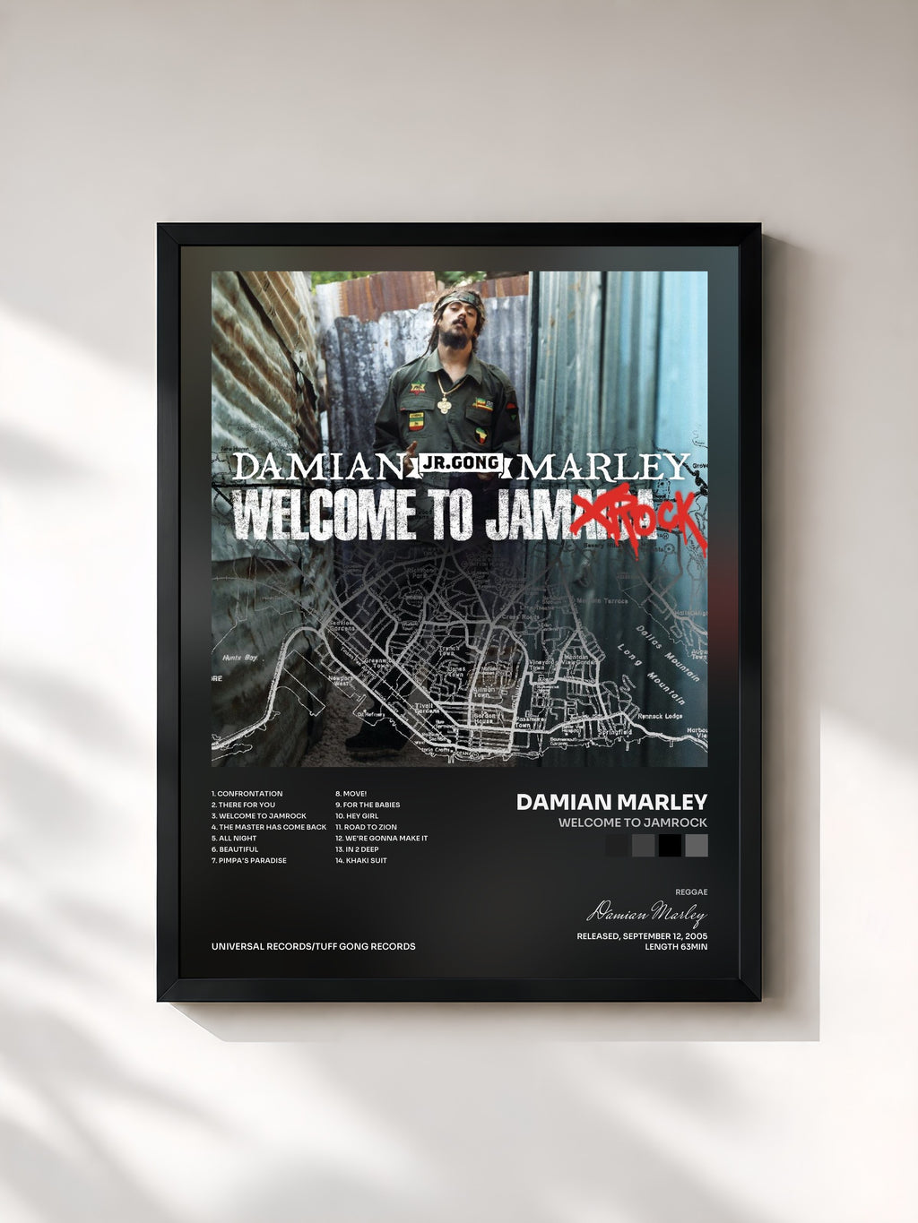 #noir Tableau de l'album Welcome to Jamrock de Damian Marley, cadre noir, imprimé et encadré en France