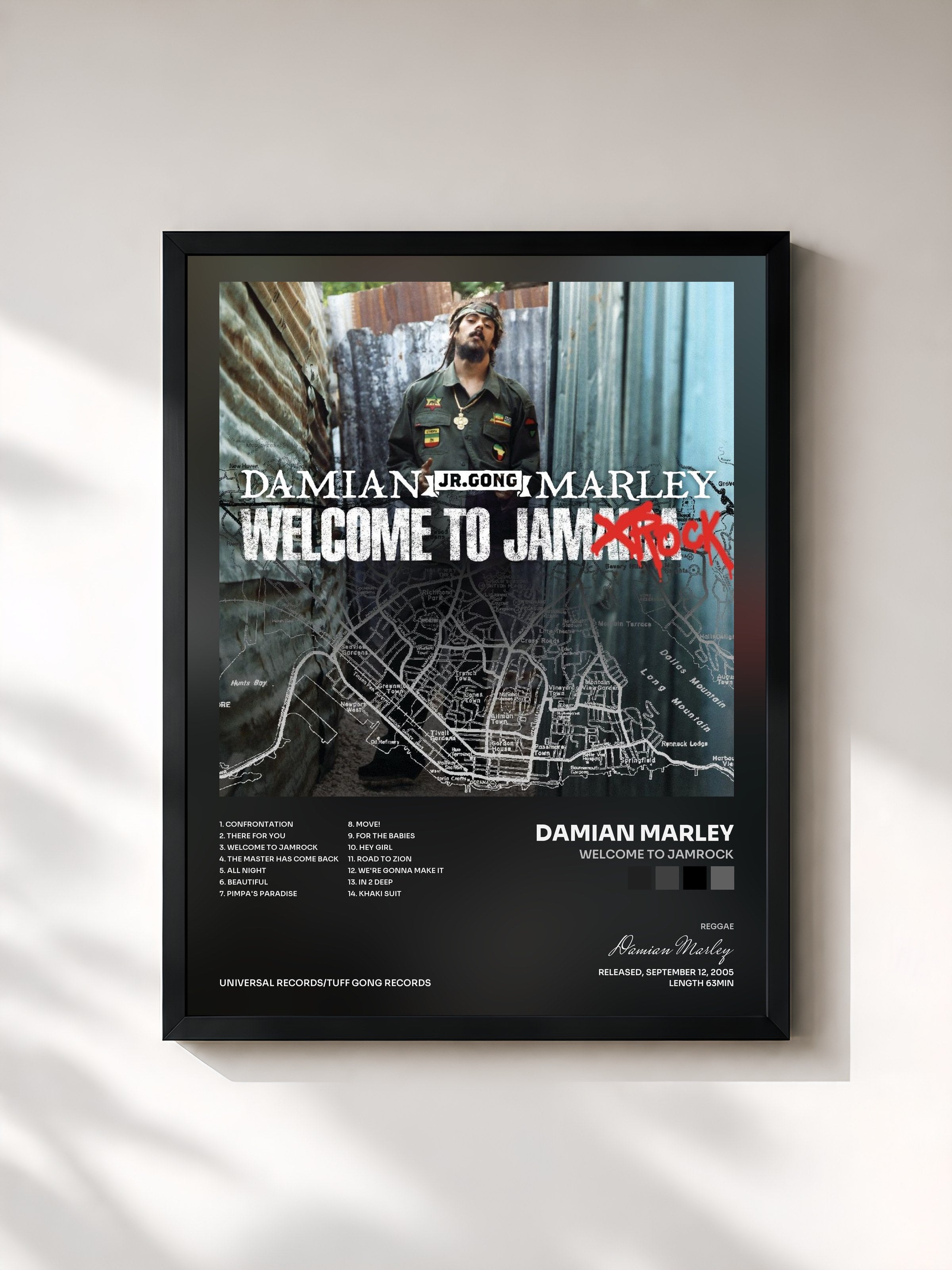#noir Tableau de l'album Welcome to Jamrock de Damian Marley, cadre noir, imprimé et encadré en France