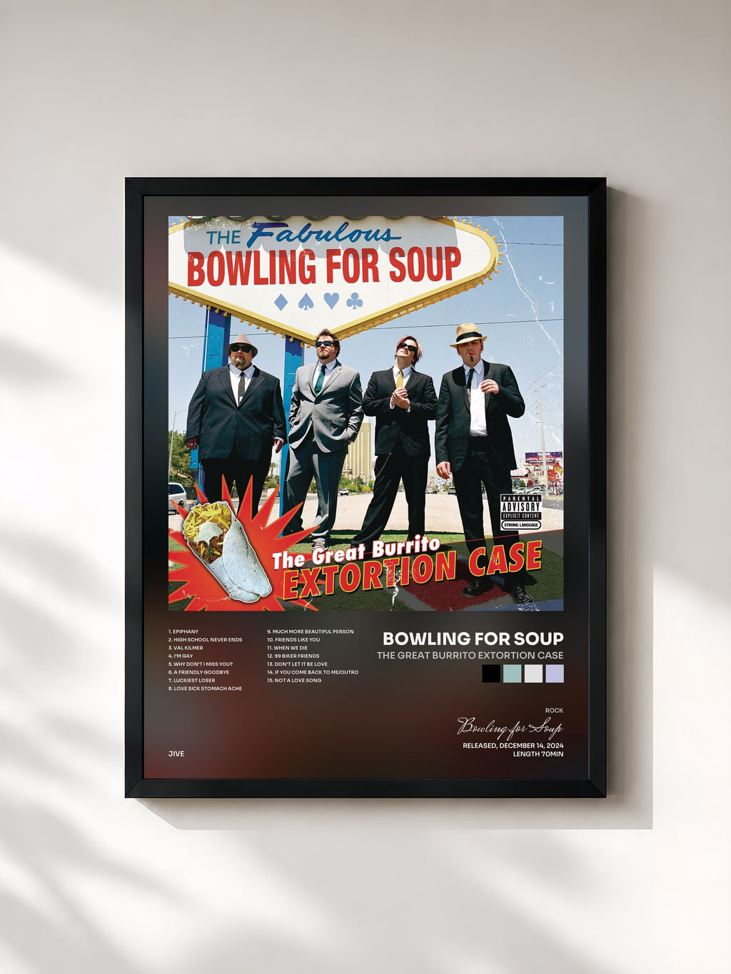 #noir Tableau de l'album The Great Burrito Extortion Case de Bowling for Soup, cadre noir, imprimé et encadré en France