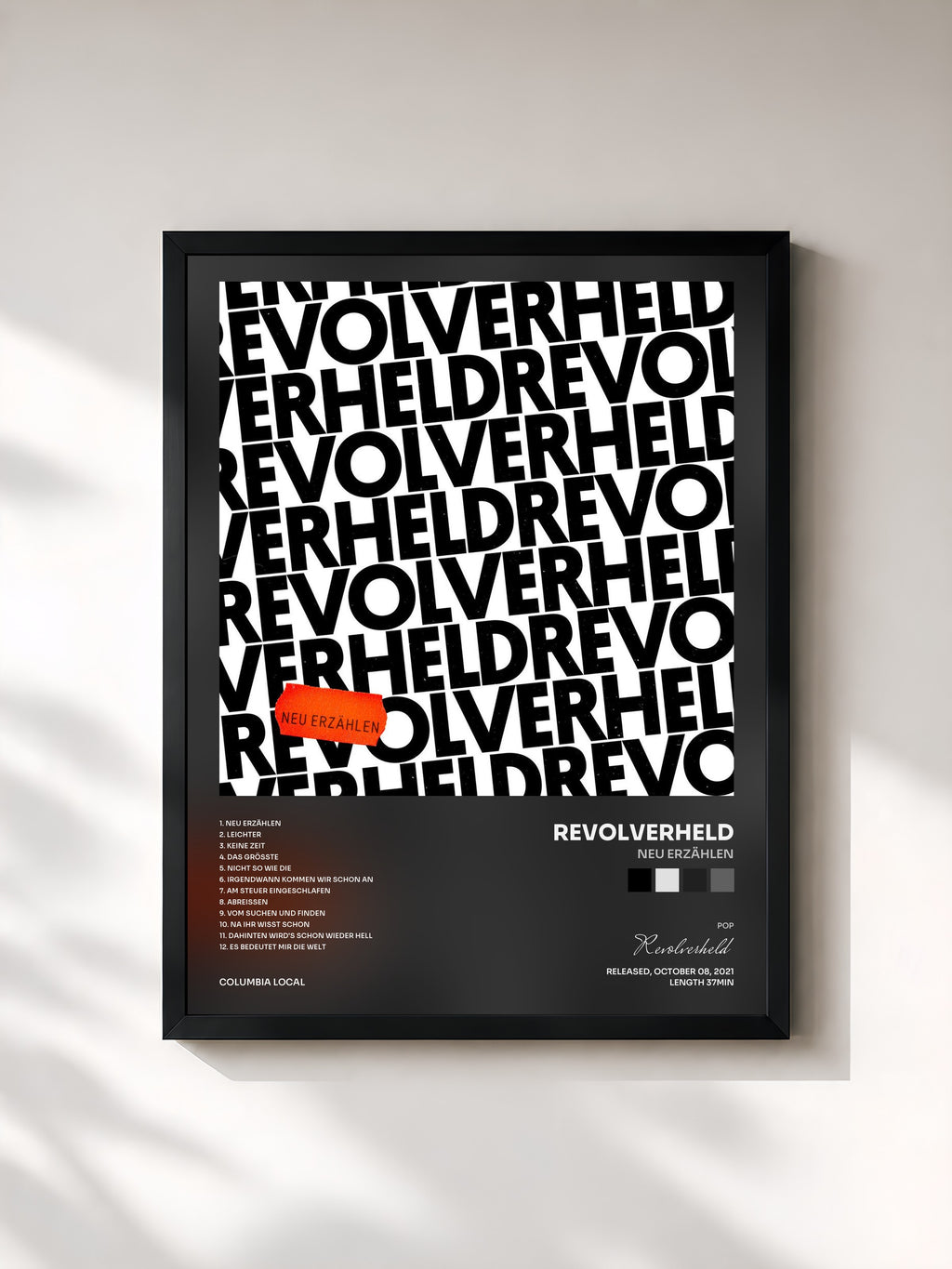 #noir Tableau de l'album Neu erzählen de Revolverheld, cadre noir, imprimé et encadré en France