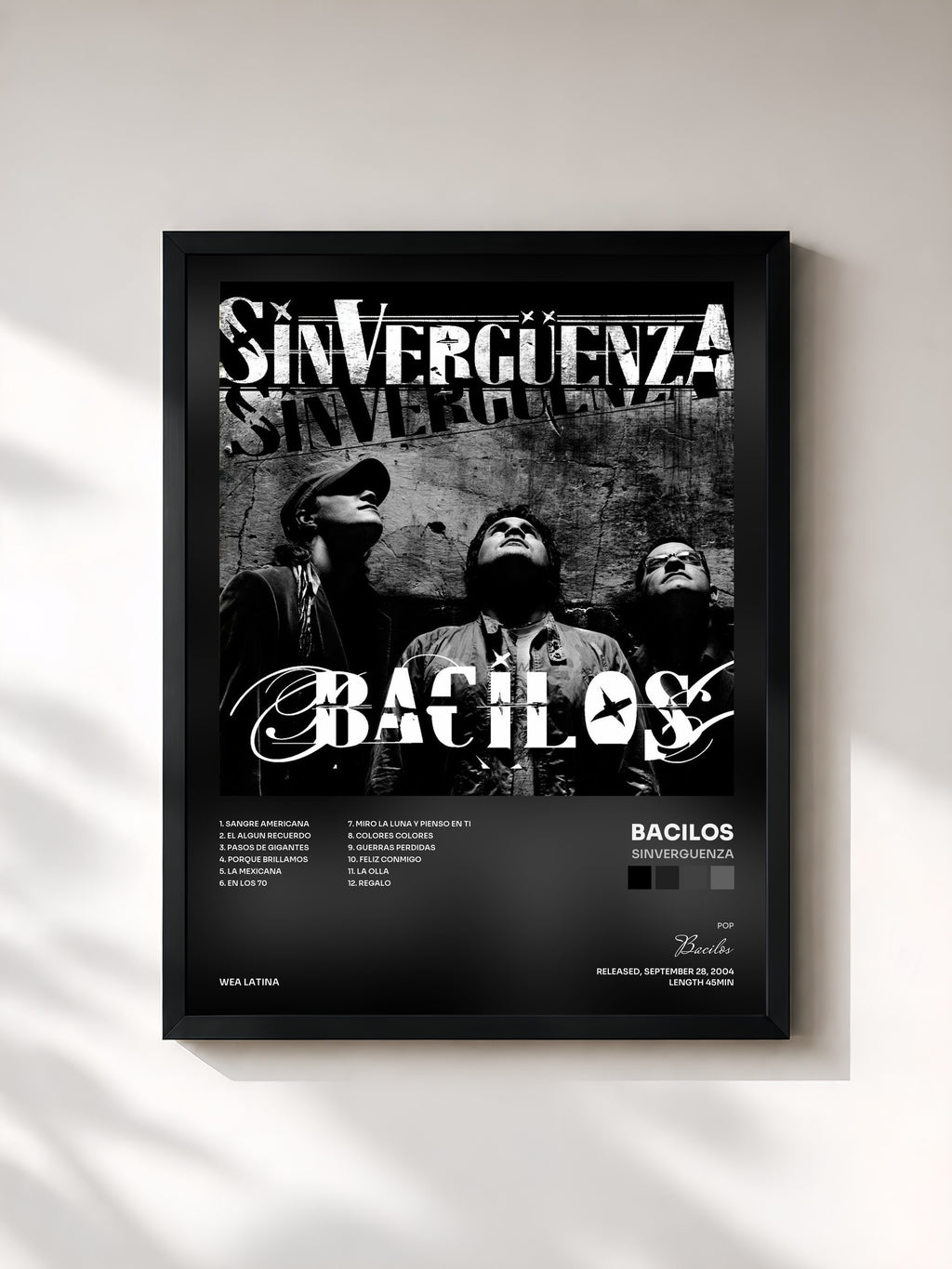 #noir Tableau de l'album Sinverguenza de Bacilos, cadre noir, imprimé et encadré en France