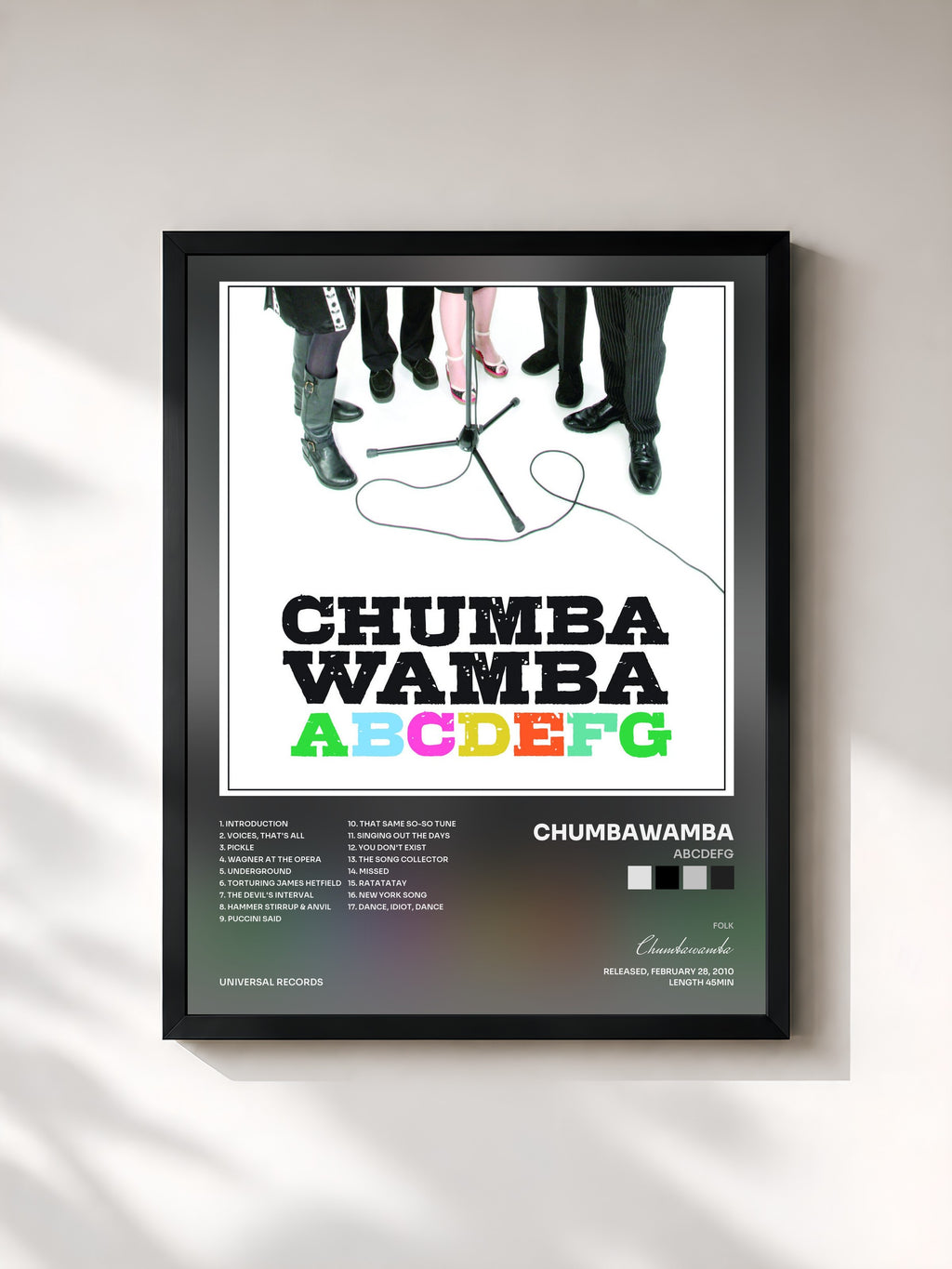 #noir Tableau de l'album ABCDEFG de Chumbawamba, cadre noir, imprimé et encadré en France