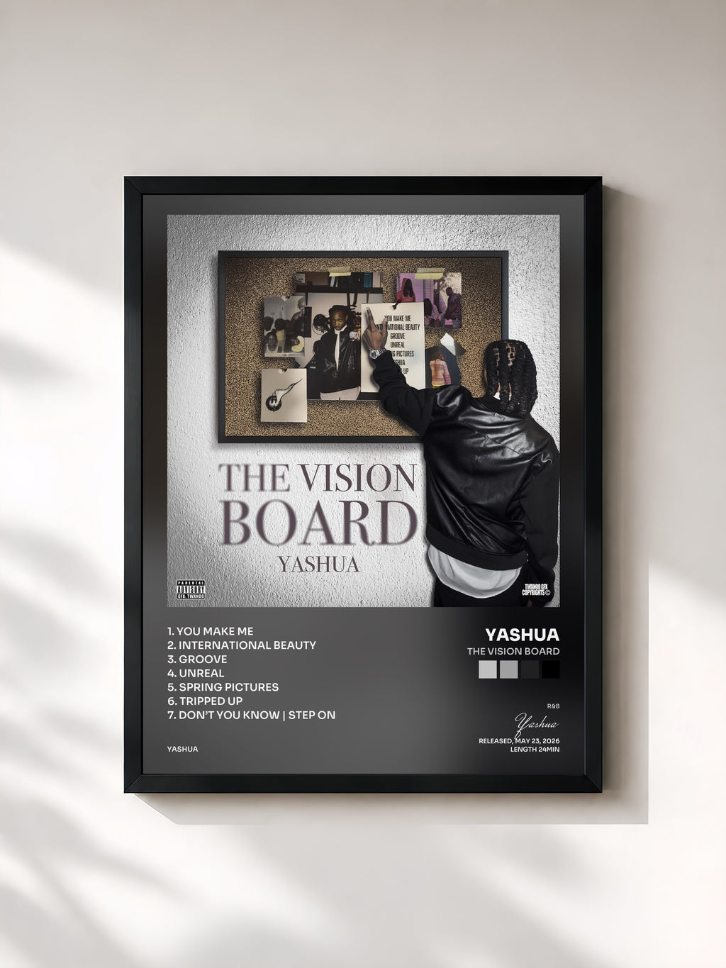 #noir Tableau de l'album The Vision Board de Yashua, cadre noir, imprimé et encadré en France