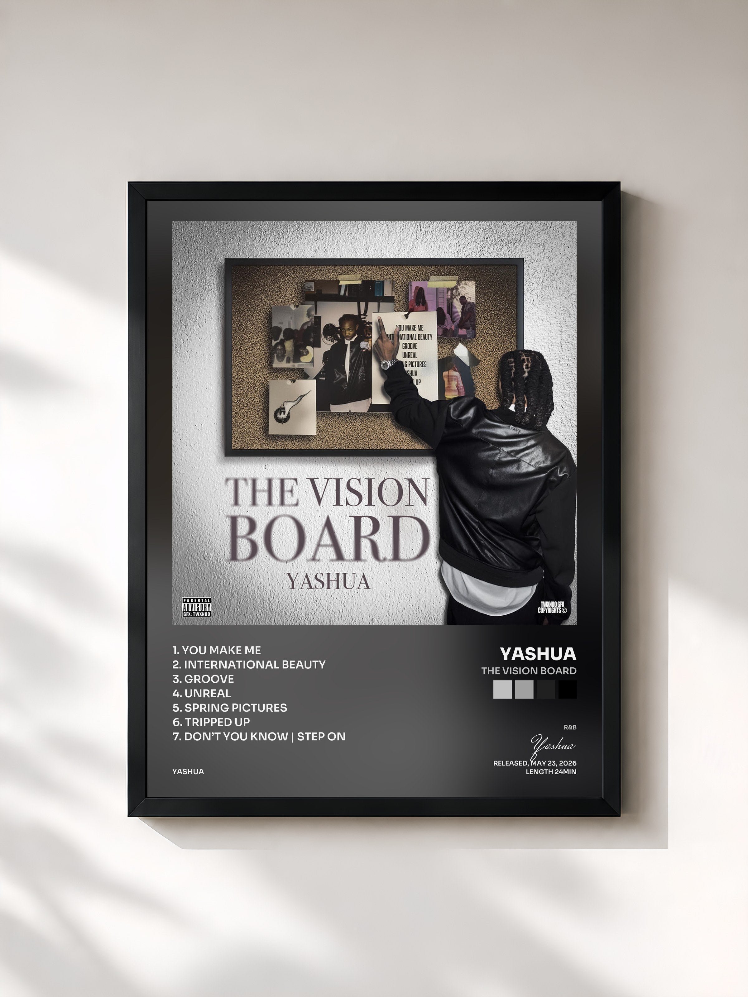 #noir Tableau de l'album The Vision Board de Yashua, cadre noir, imprimé et encadré en France
