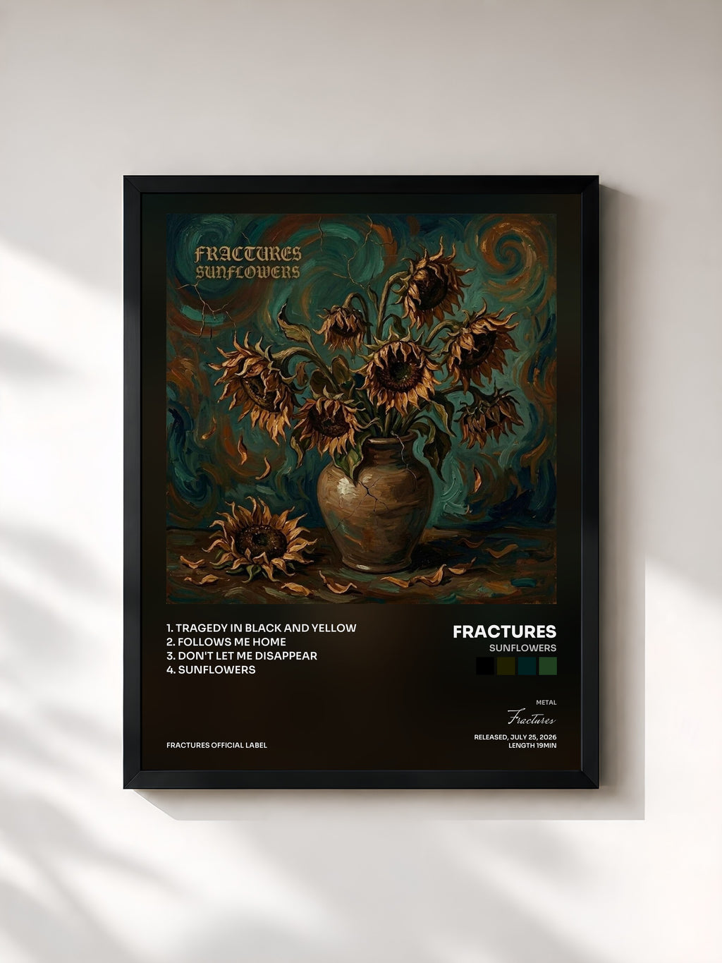 #noir Tableau de l'album Sunflowers de Fractures, cadre noir, imprimé et encadré en France
