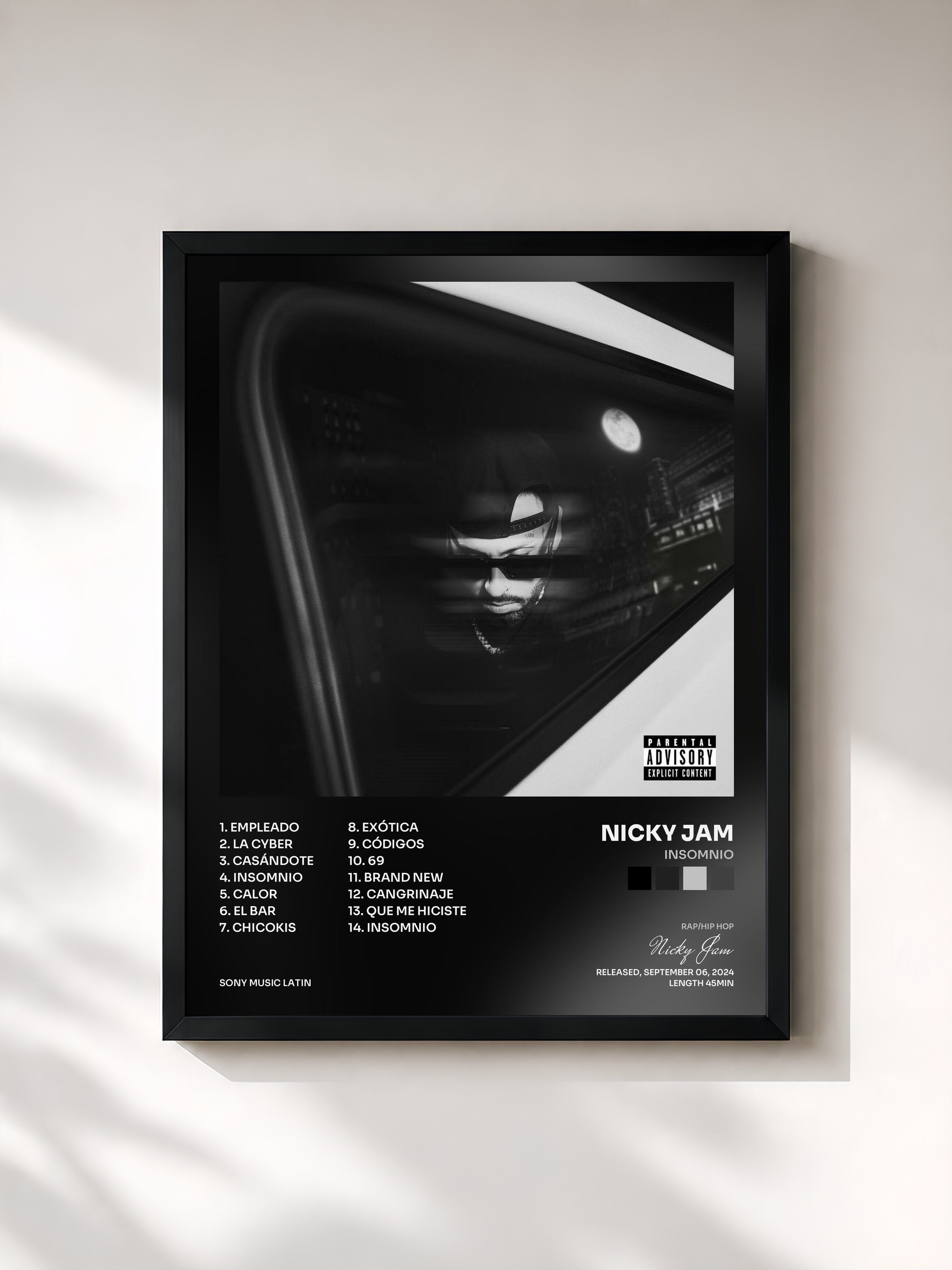 #noir Tableau de l'album INSOMNIO de Nicky Jam, cadre noir, imprimé et encadré en France