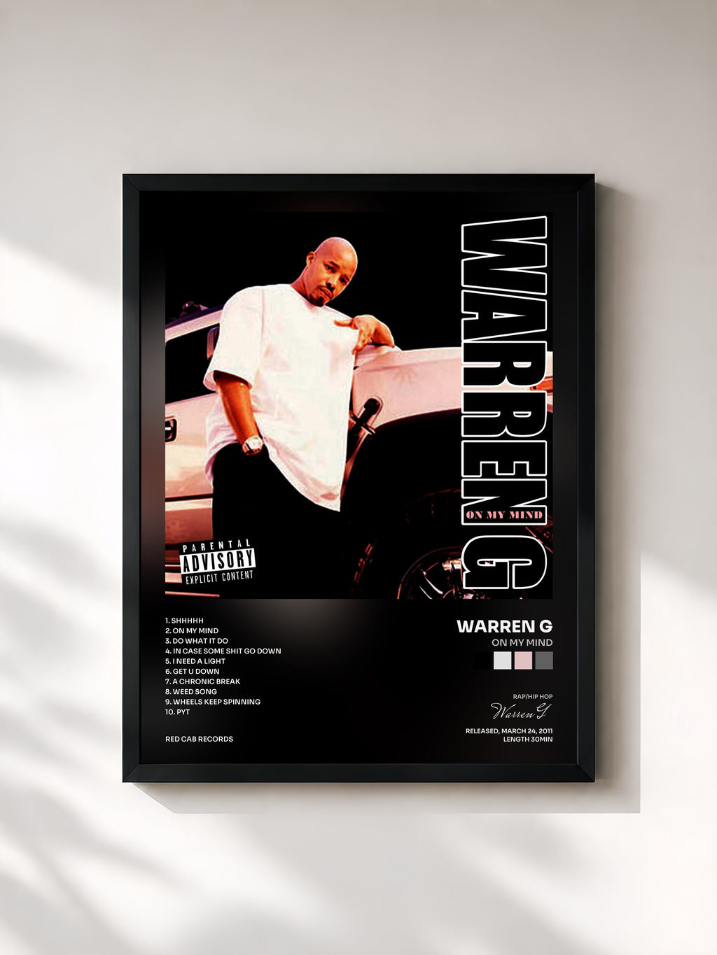 #noir Tableau de l'album On My Mind de Warren G, cadre noir, imprimé et encadré en France