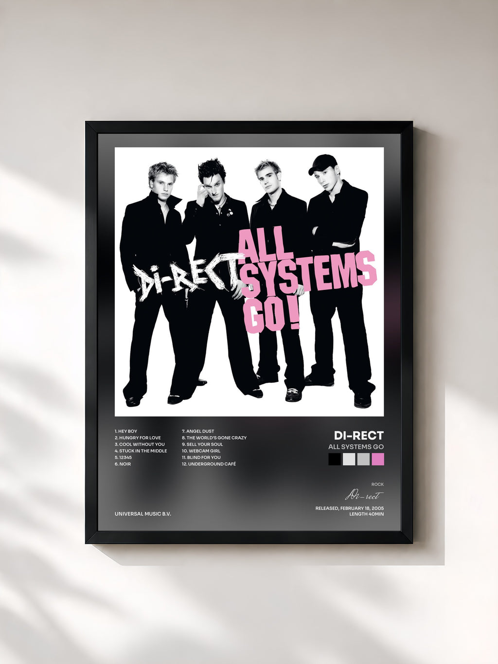 #noir Tableau de l'album All Systems Go de Di-rect, cadre noir, imprimé et encadré en France