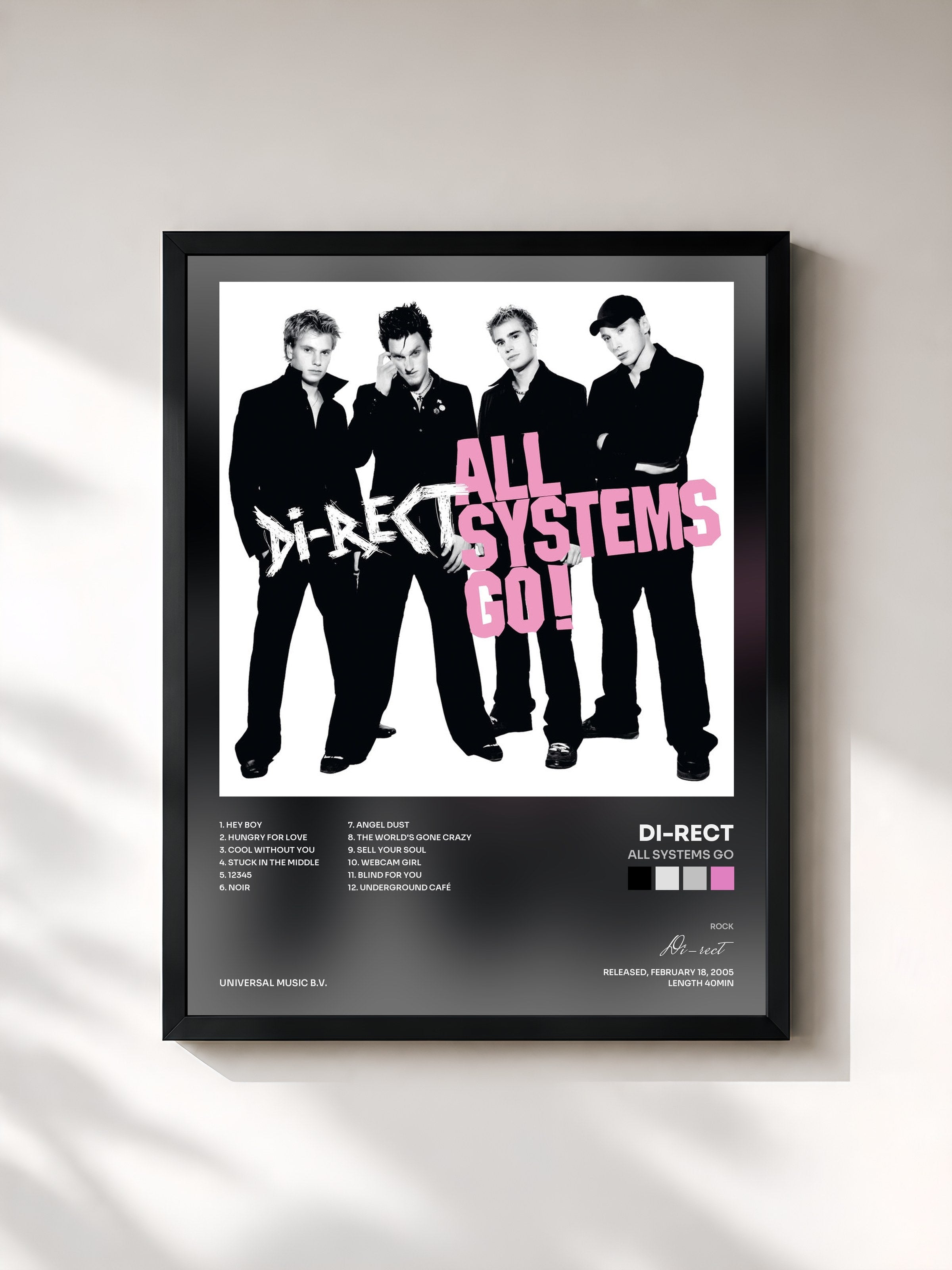 #noir Tableau de l'album All Systems Go de Di-rect, cadre noir, imprimé et encadré en France