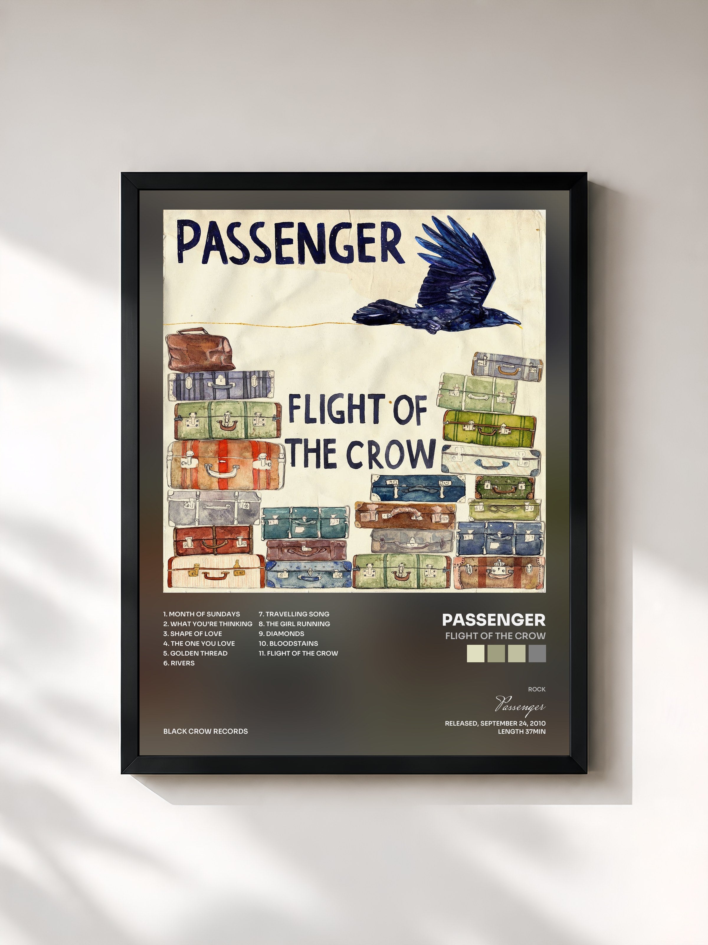 #noir Tableau de l'album Flight of the Crow de Passenger, cadre noir, imprimé et encadré en France