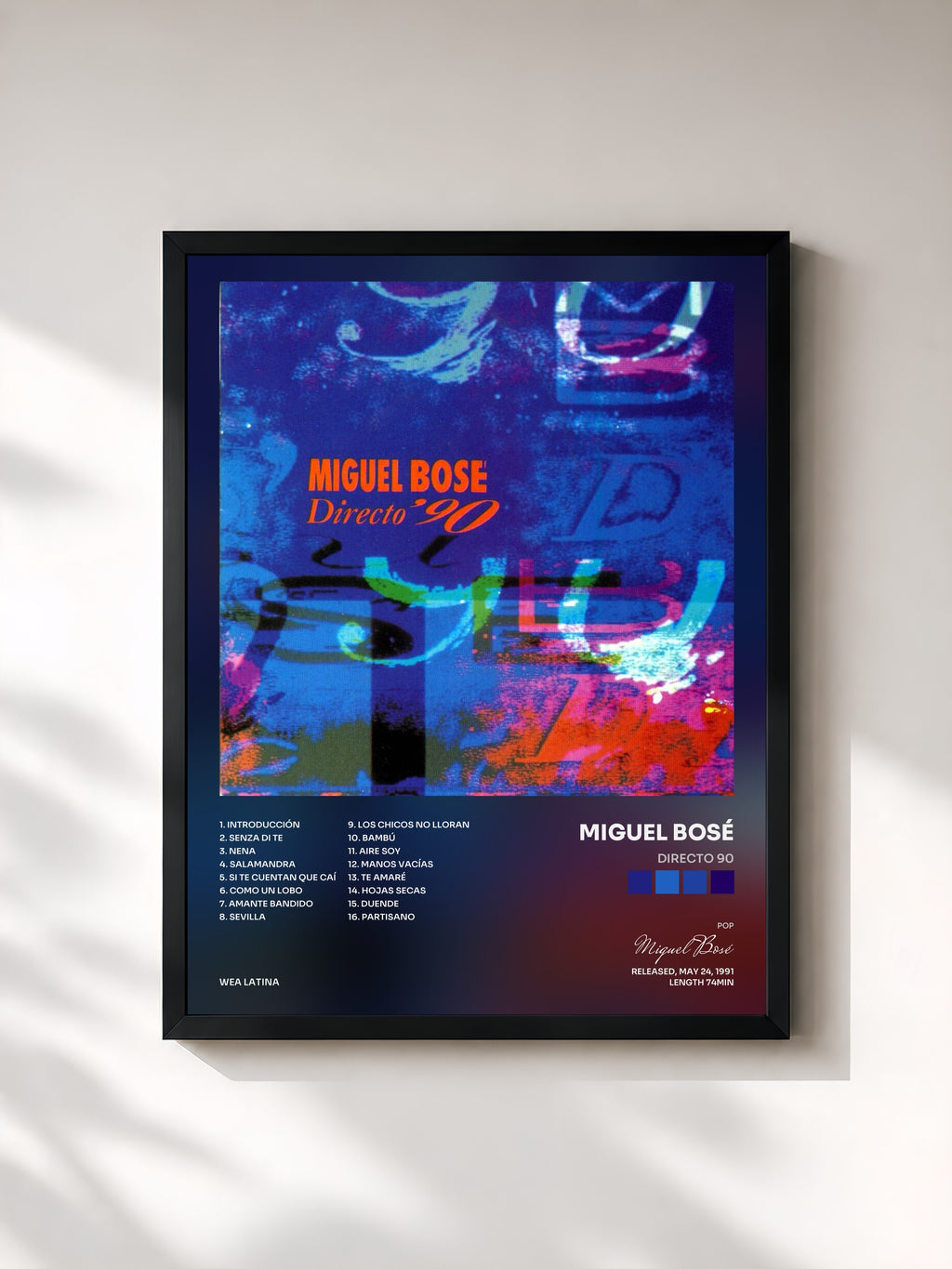 #noir Tableau de l'album Directo 90 de Miguel Bosé, cadre noir, imprimé et encadré en France