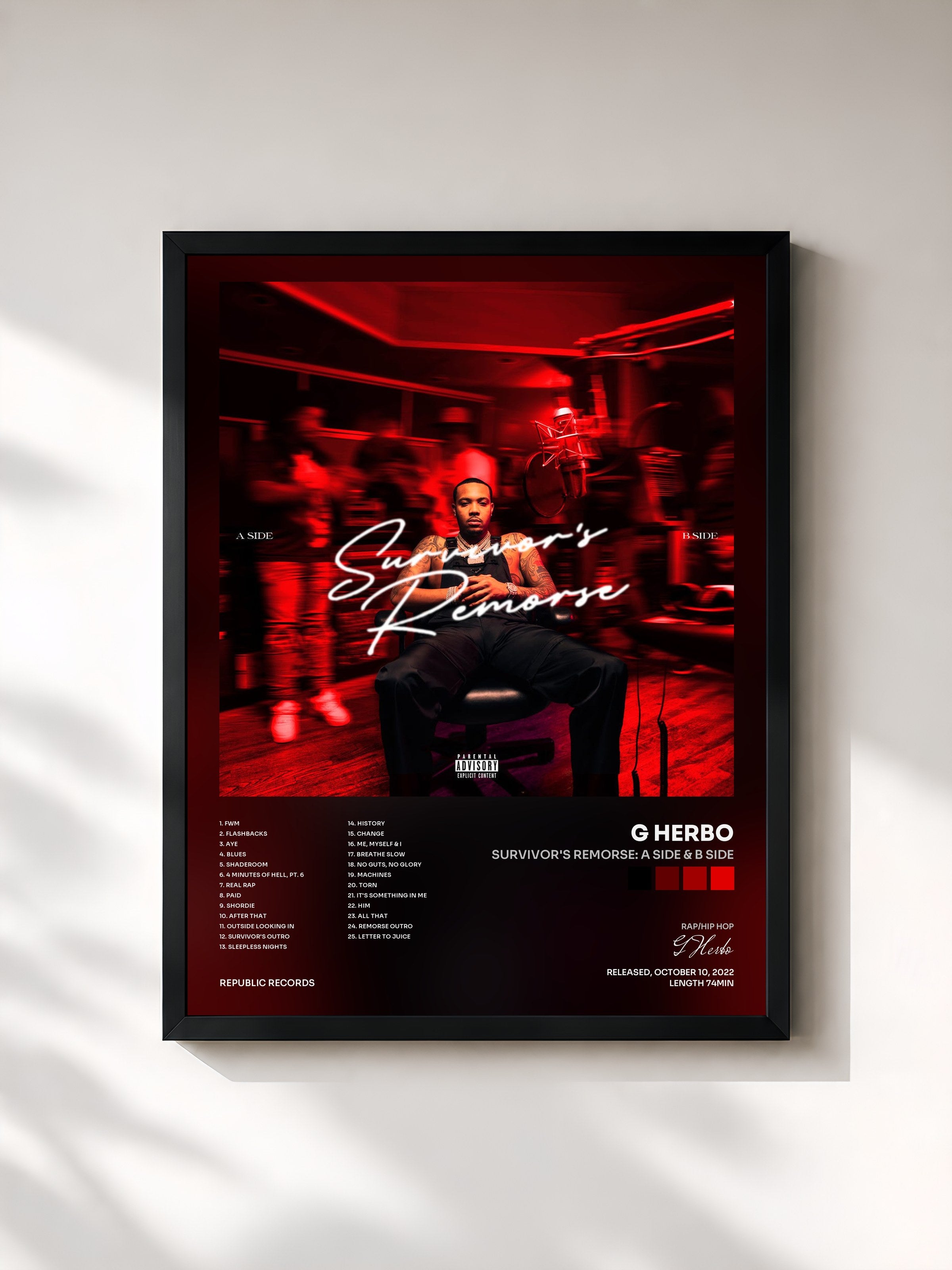 #noir Tableau de l'album Survivor's Remorse: A Side & B Side de G Herbo, cadre noir, imprimé et encadré en France