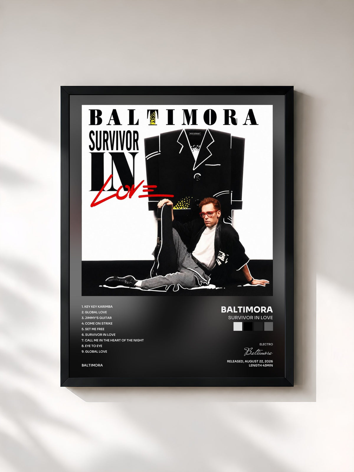 #noir Tableau de l'album Survivor In Love de Baltimora, cadre noir, imprimé et encadré en France