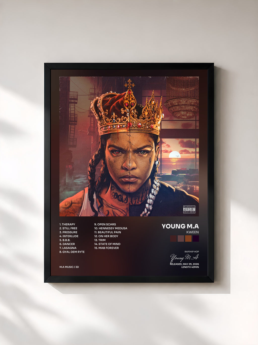 #noir Tableau de l'album Kween de Young M.A, cadre noir, imprimé et encadré en France