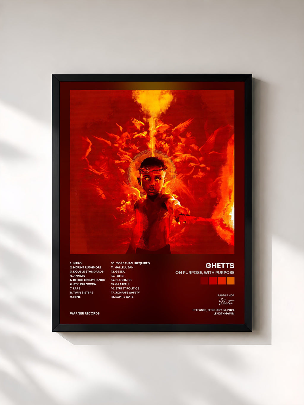 #noir Tableau de l'album On Purpose, With Purpose de Ghetts, cadre noir, imprimé et encadré en France
