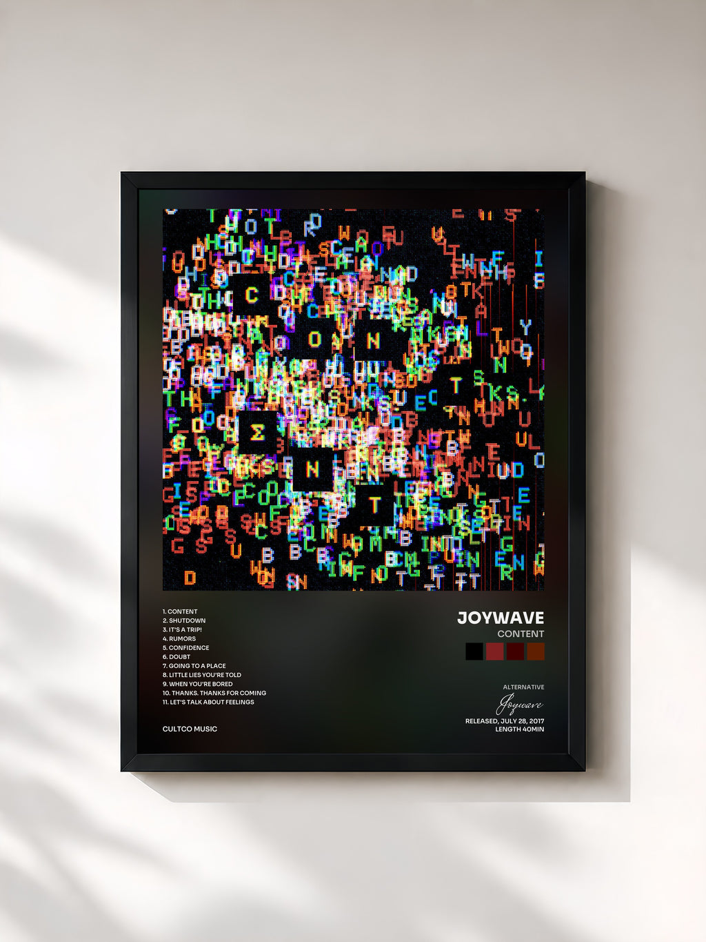 #noir Tableau de l'album Content de Joywave, cadre noir, imprimé et encadré en France